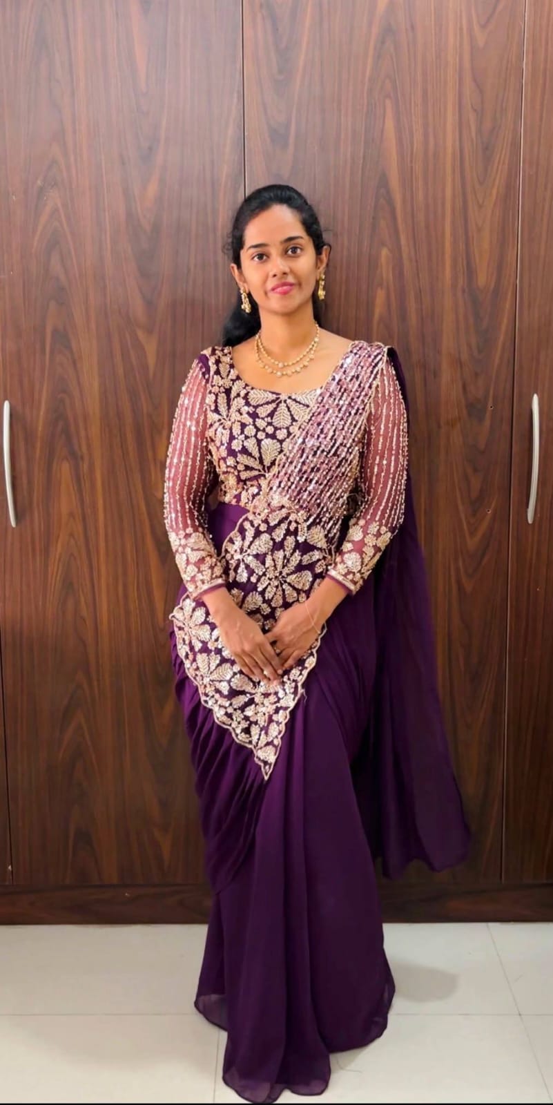 Black Faux Georgette Ready To Wear Saree with Heavy Gold Embroidered Blouse - Model Full View