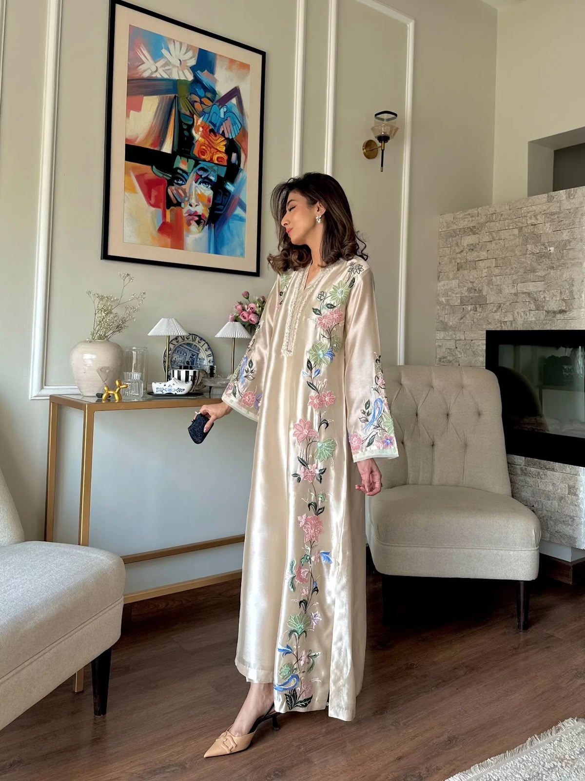 Cream Roman Glass Kaftan Set - Model Front View with Bell Sleeves