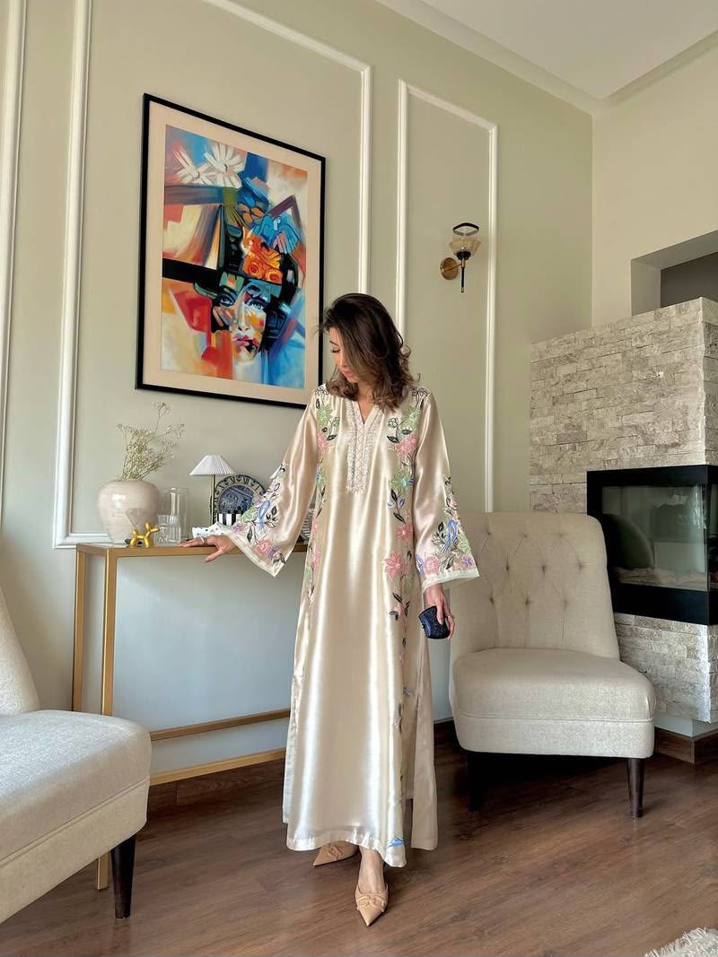 Cream Roman Glass Kaftan Set - Model Side View Full Length