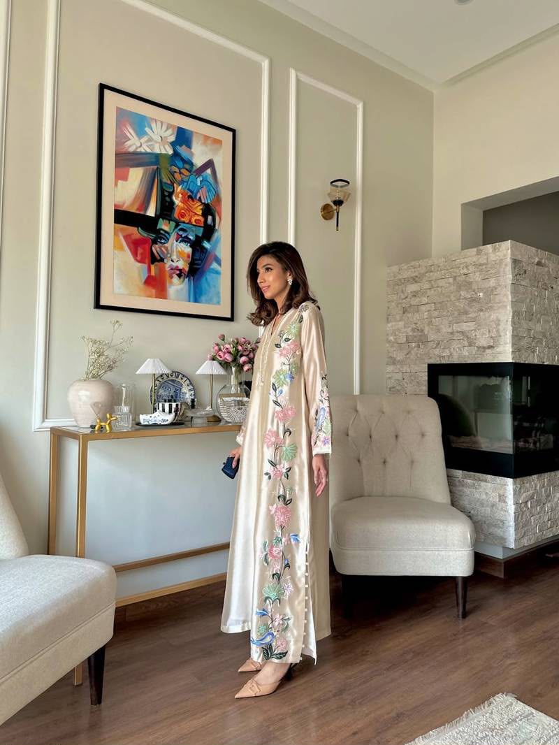 Cream Roman Glass Kaftan with Embroidery - Flat Lay with Dupatta