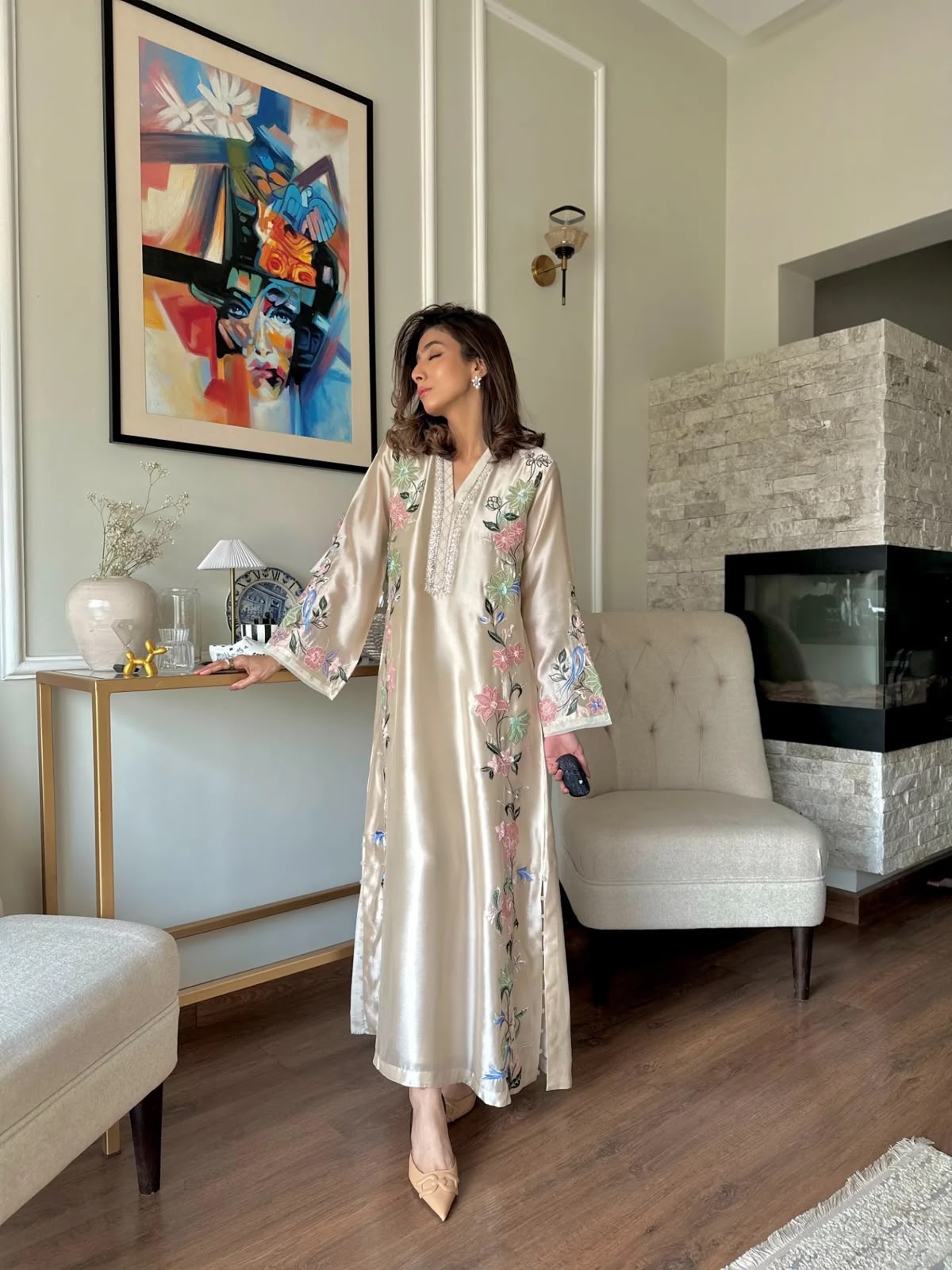 Cream Roman Glass Kaftan Set with Bottom and Dupatta - Flat Lay Full Set