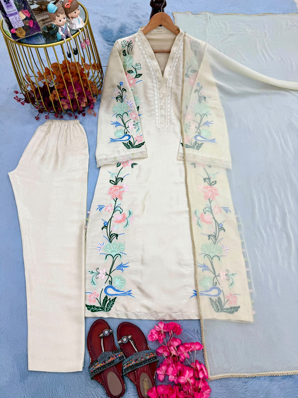 Cream Roman Glass Kaftan Set - Flat Lay Hanger View with Dupatta