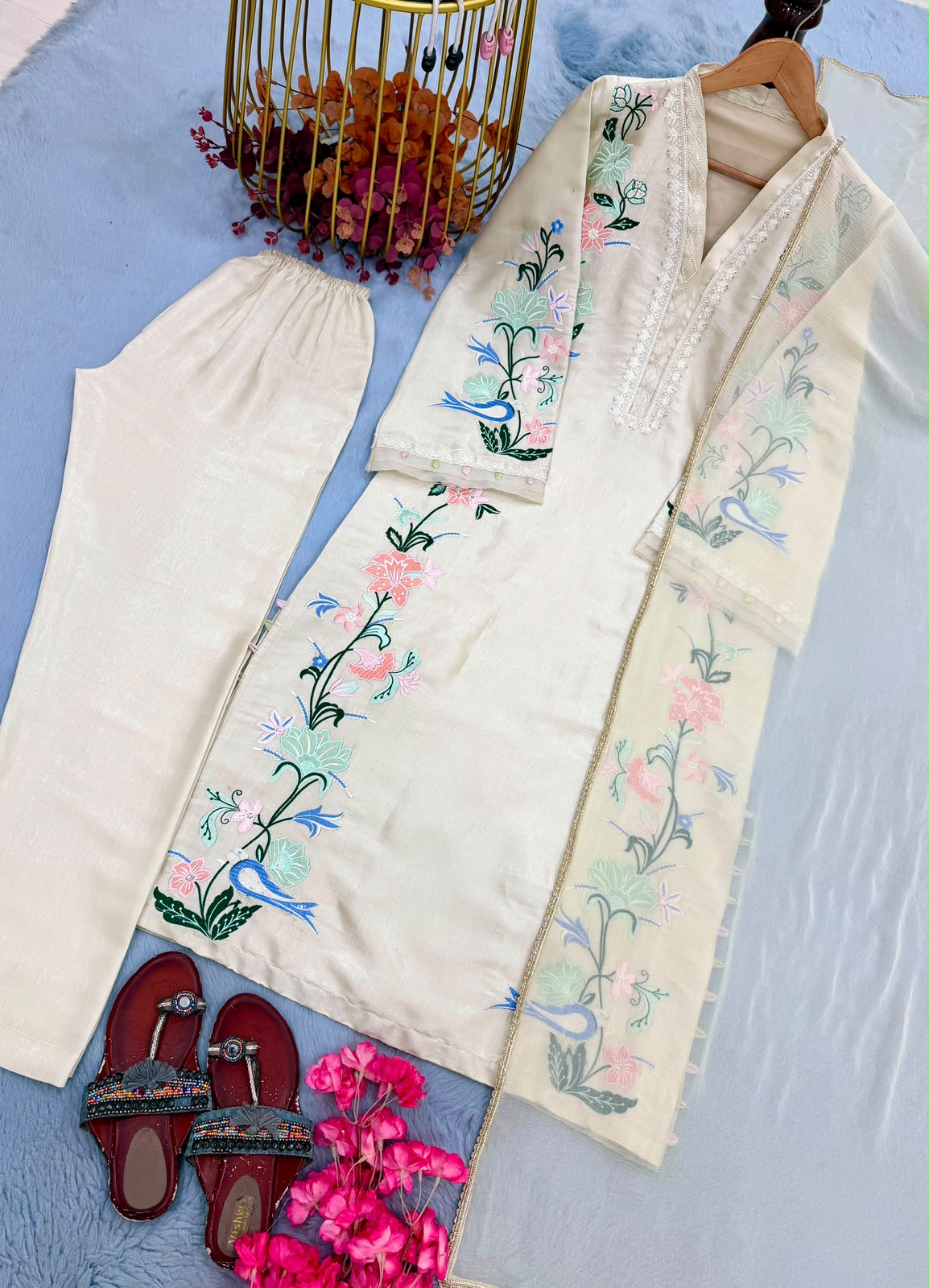 Cream Roman Glass Kaftan - Flat Lay Embroidery and Sequin Detail Close Up
