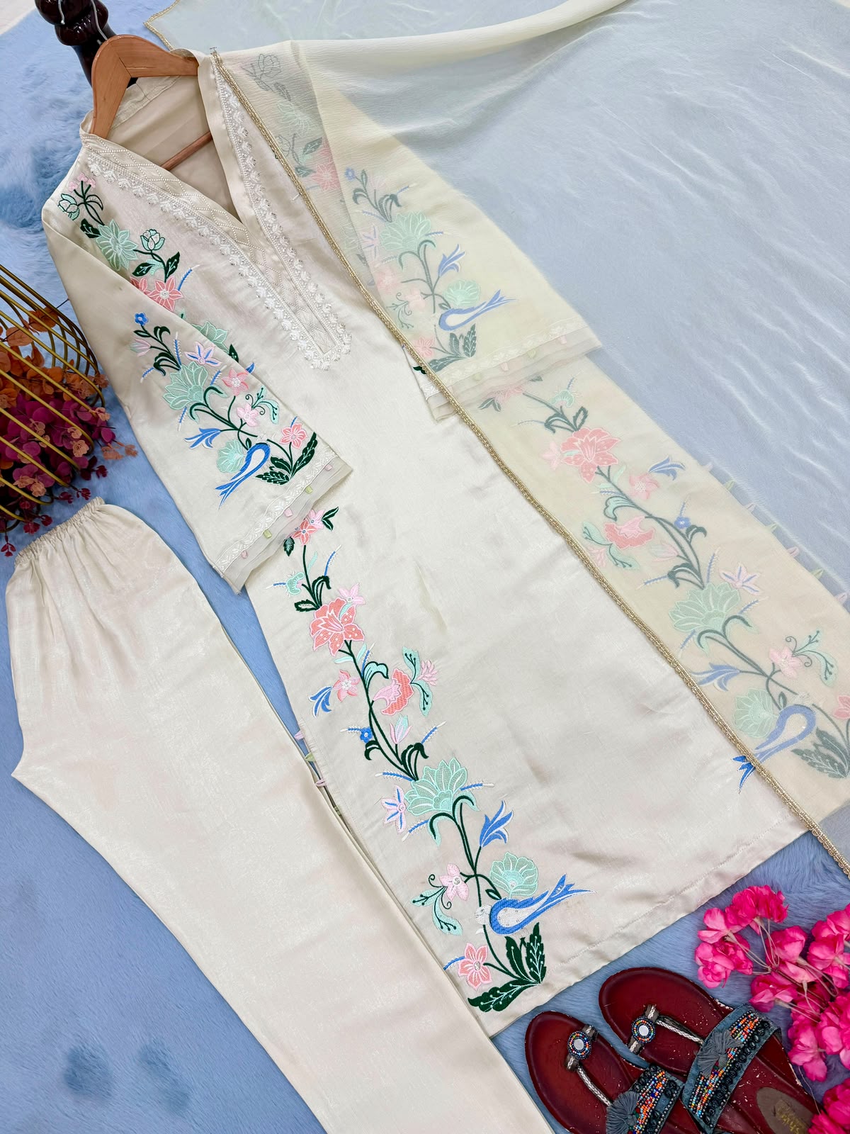 Cream Roman Glass Kaftan Set - Additional Flat Lay Detail View