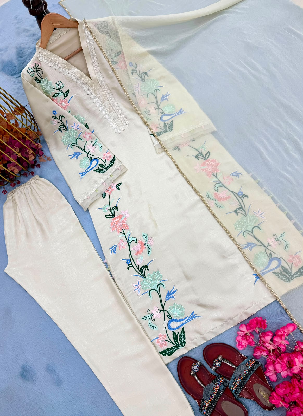 Cream Roman Glass Kaftan - Flat Lay Full Length with Bottom