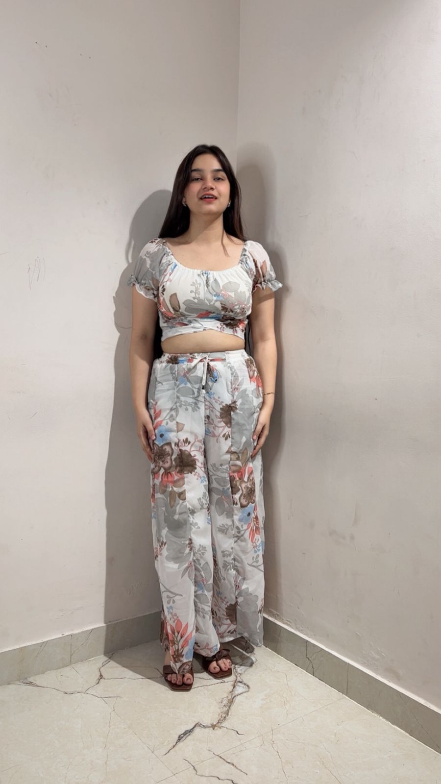 Ice Blue Floral Georgette Crop Top Palazzo Set - Model Full Length Front View