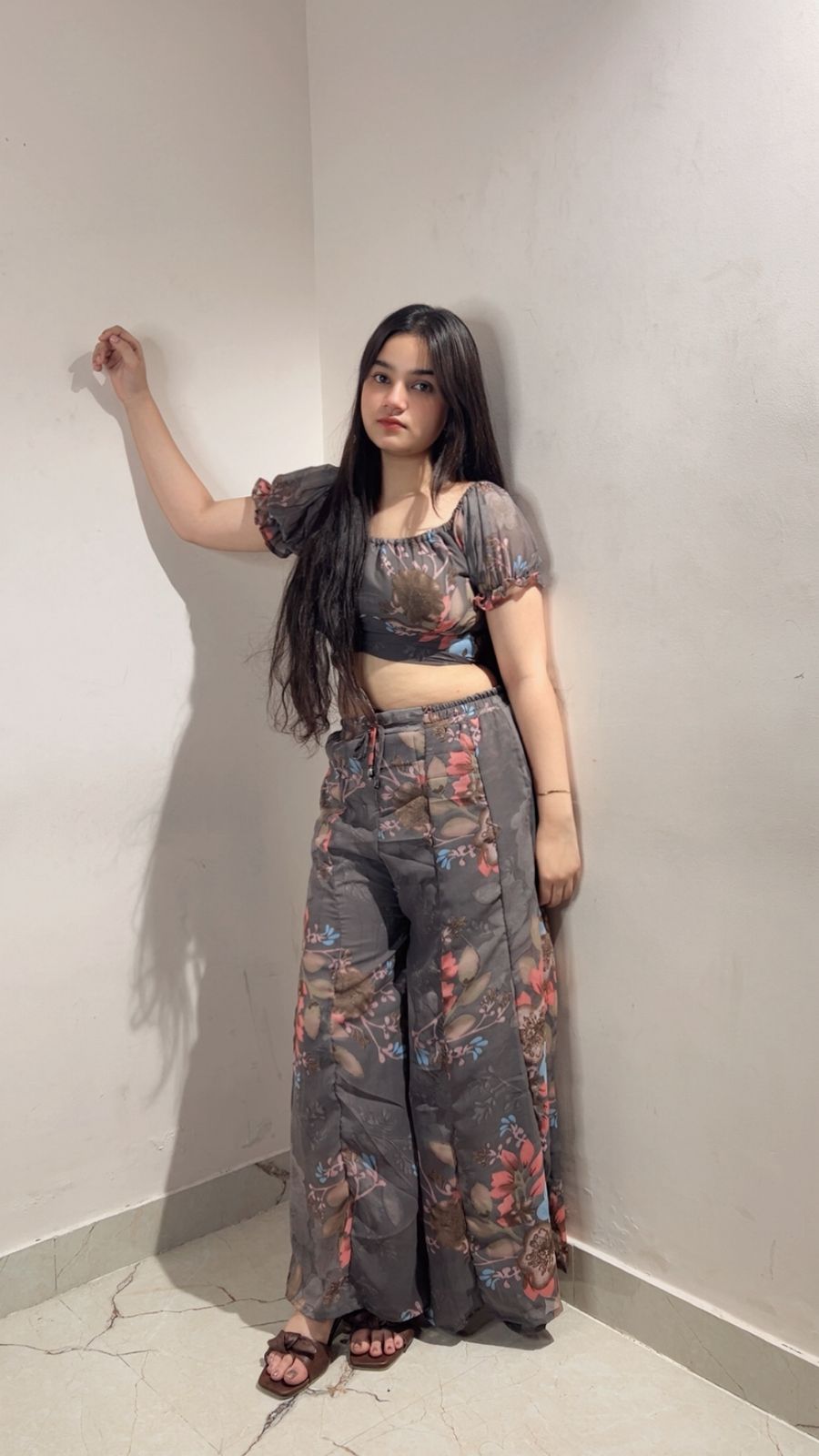 Charcoal Grey Floral Georgette Crop Top Palazzo Set - Model Full Length Front View