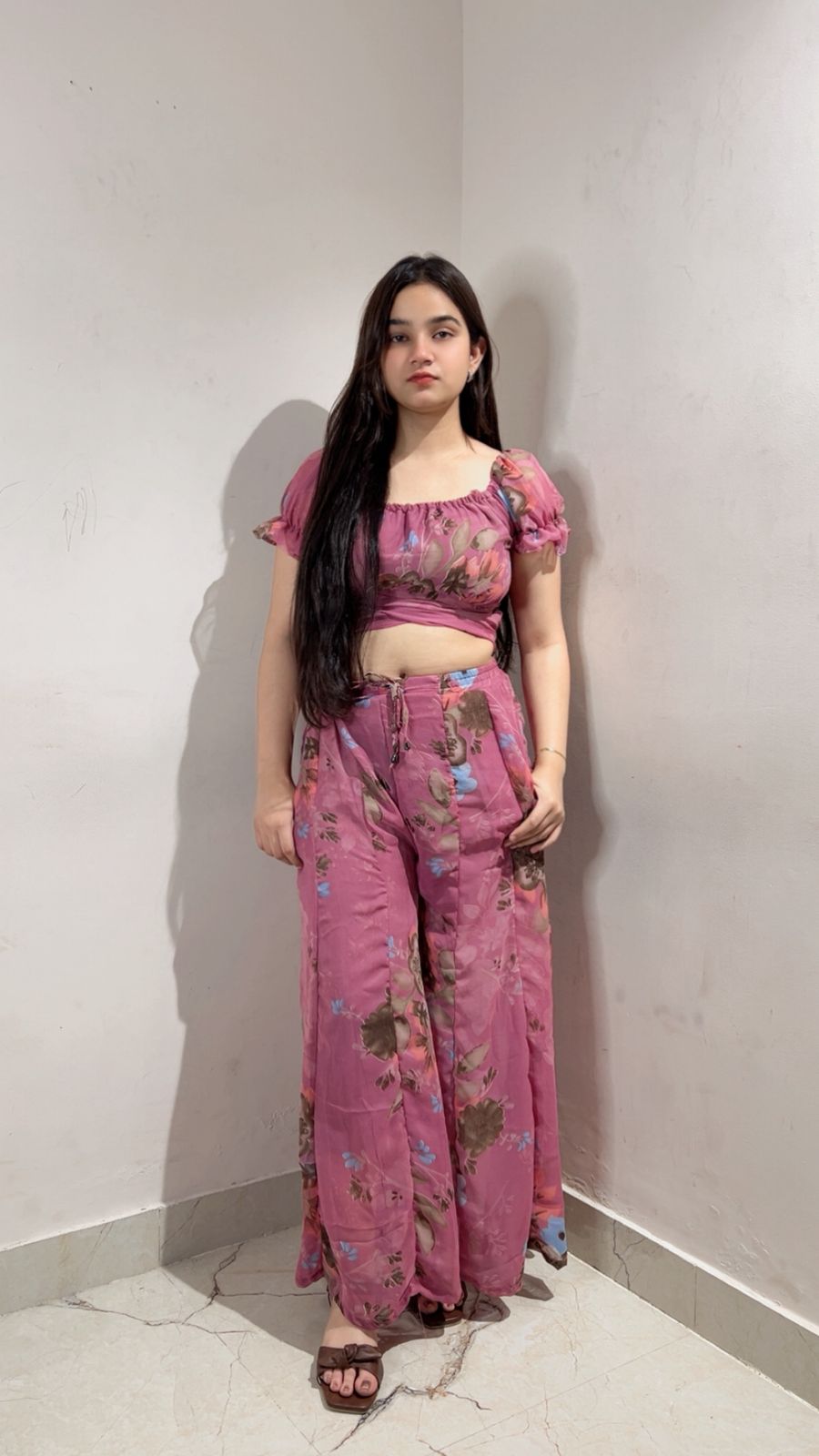 Dusty Rose Pink Floral Georgette Crop Top Palazzo Set - Model Full Length Front View