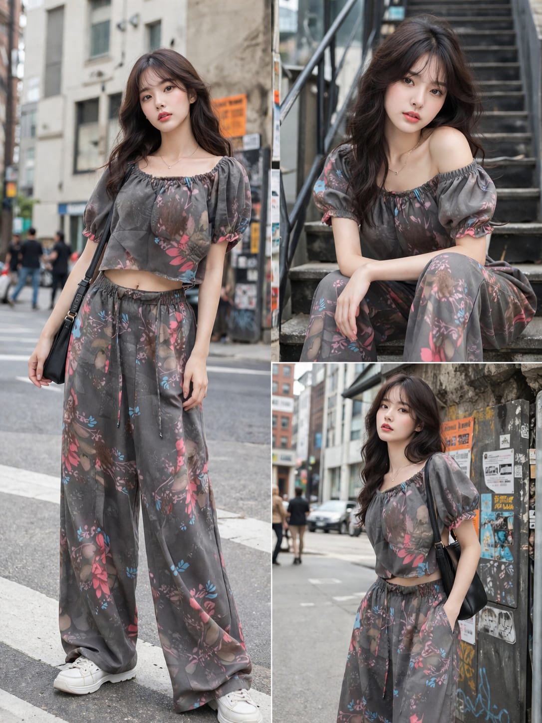 Charcoal Grey Floral Georgette Crop Top Palazzo Set - Multi Model Street Style Collage