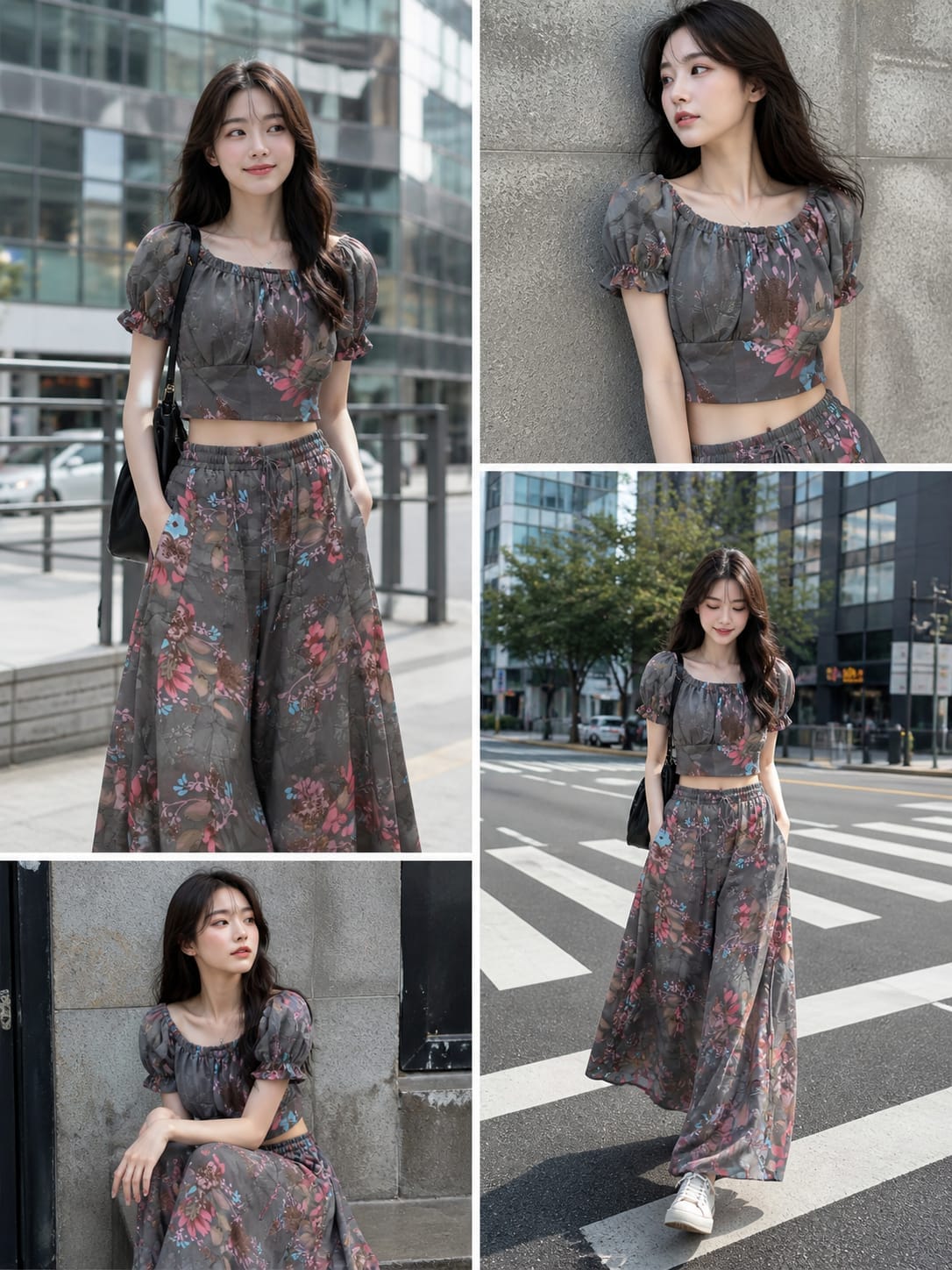 Charcoal Grey Floral Georgette Crop Top Palazzo Set - Multi Model Outdoor Collage