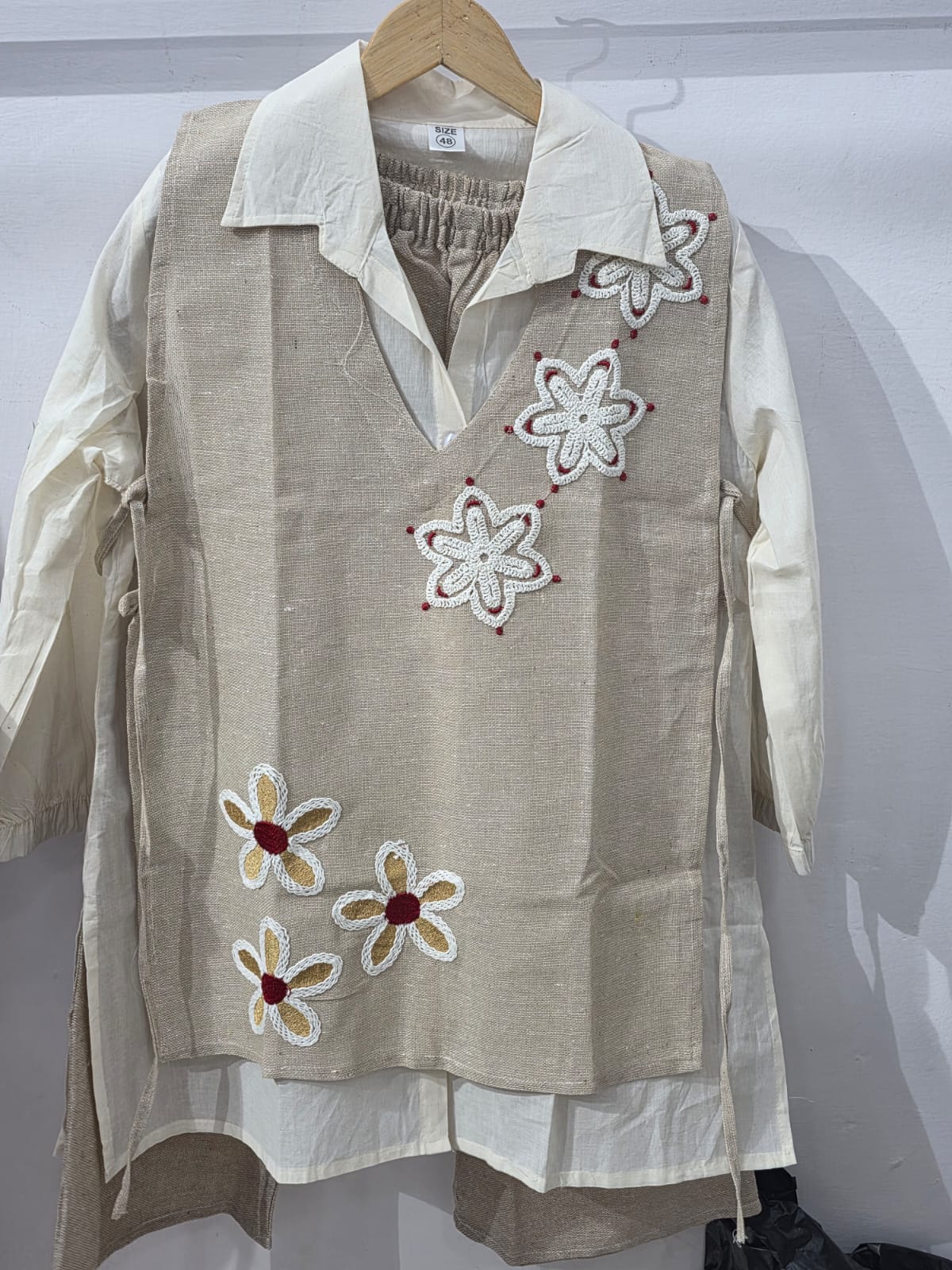 Natural Beige Jute Cotton 3-Piece Co-ord Set - Hanger View Floral Cutwork Jacket Detail