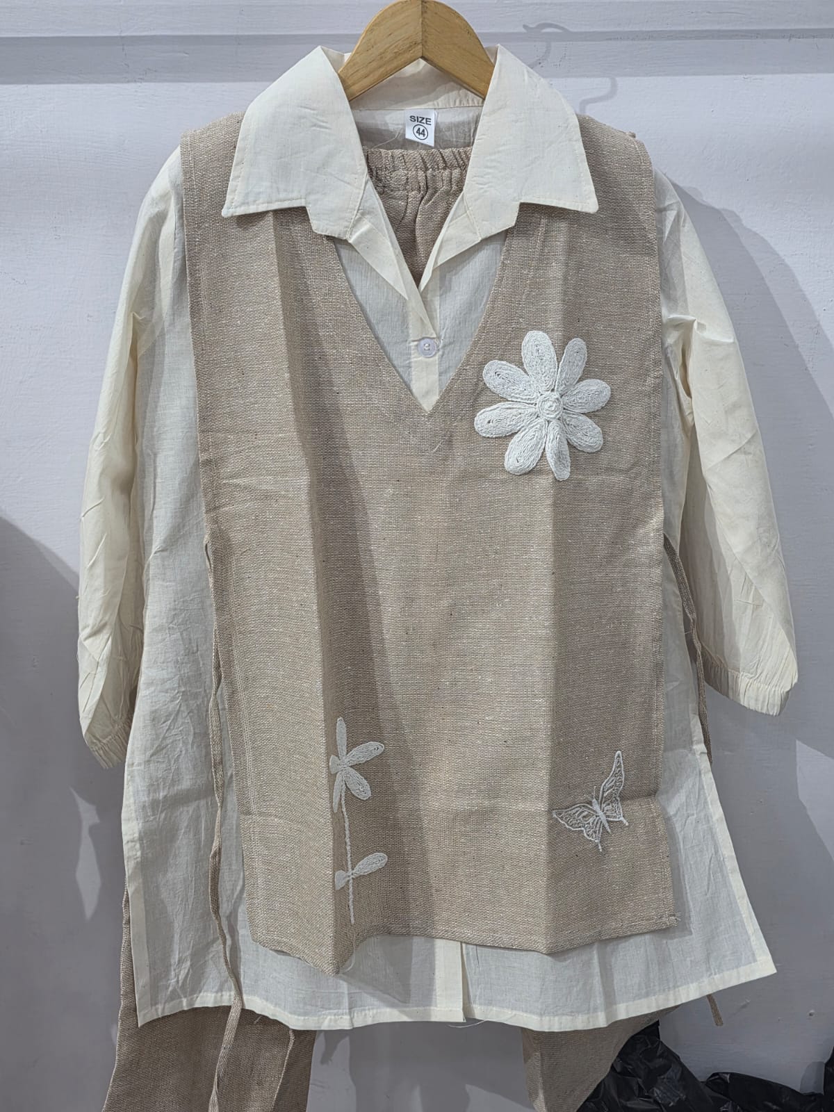 Natural Beige Jute Cotton 3-Piece Co-ord Set - Hanger View White Daisy Butterfly Applique Jacket Detail