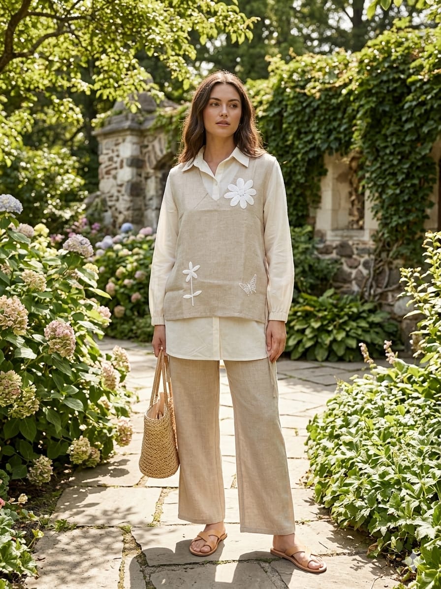 Natural Beige Jute Cotton 3-Piece Co-ord Set - Model Full Length Garden View White Daisy Applique Jacket