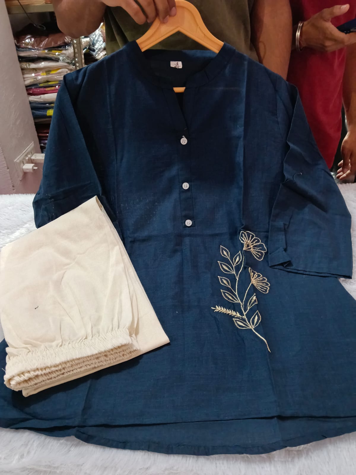 Navy Blue Cotton Slub Shirt Pant Set - Flat Lay