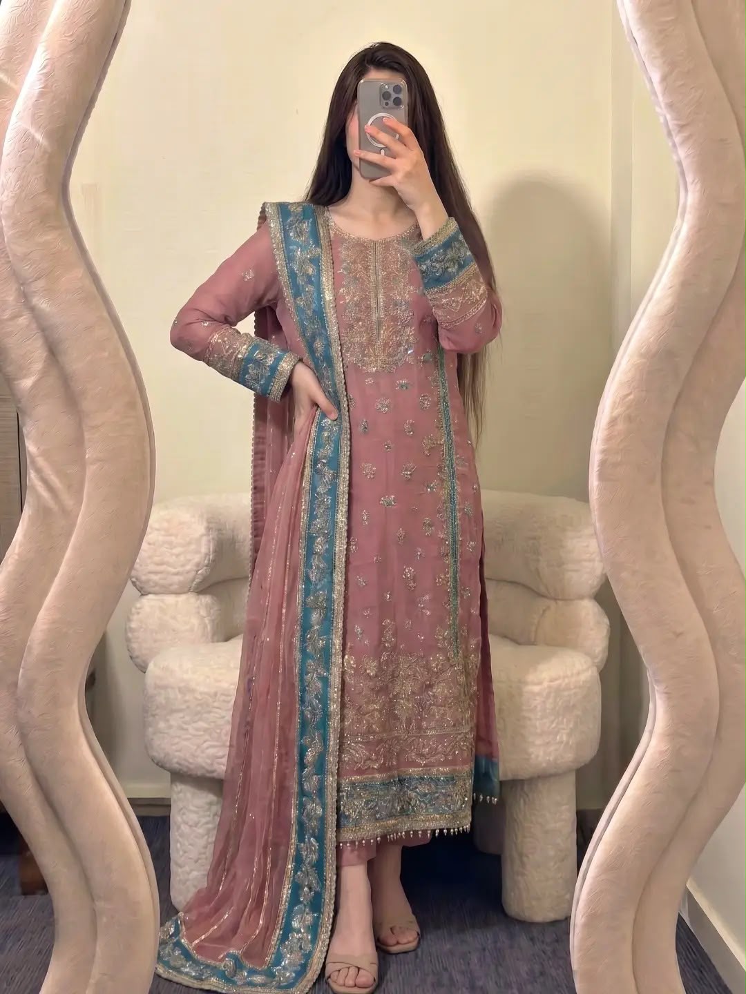 Dusty Rose Fox Georgette Embroidered Salwar Suit Set - Flat Lay Full Set with Dupatta