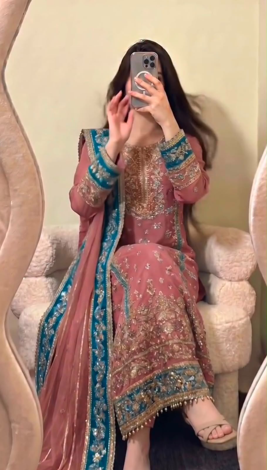 Teal Blue Fox Georgette Embroidered Salwar Suit - Model Mirror Selfie Full View