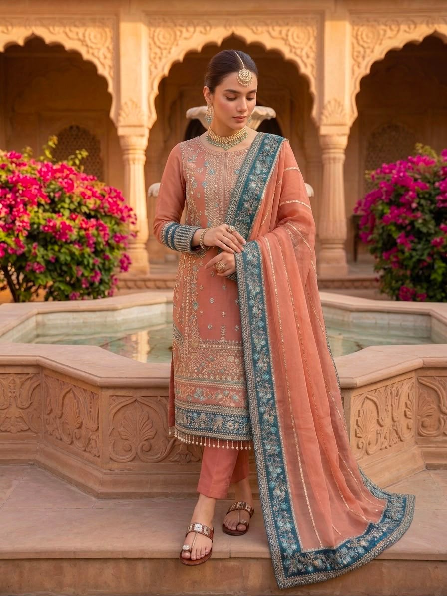 Dusty Rose Fox Georgette Embroidered Salwar Suit - Flat Lay Top and Dupatta Detail