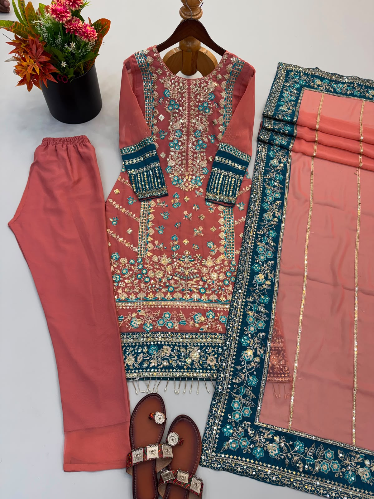 Teal Blue Fox Georgette Embroidered Salwar Suit - Model Full Length at Heritage Venue