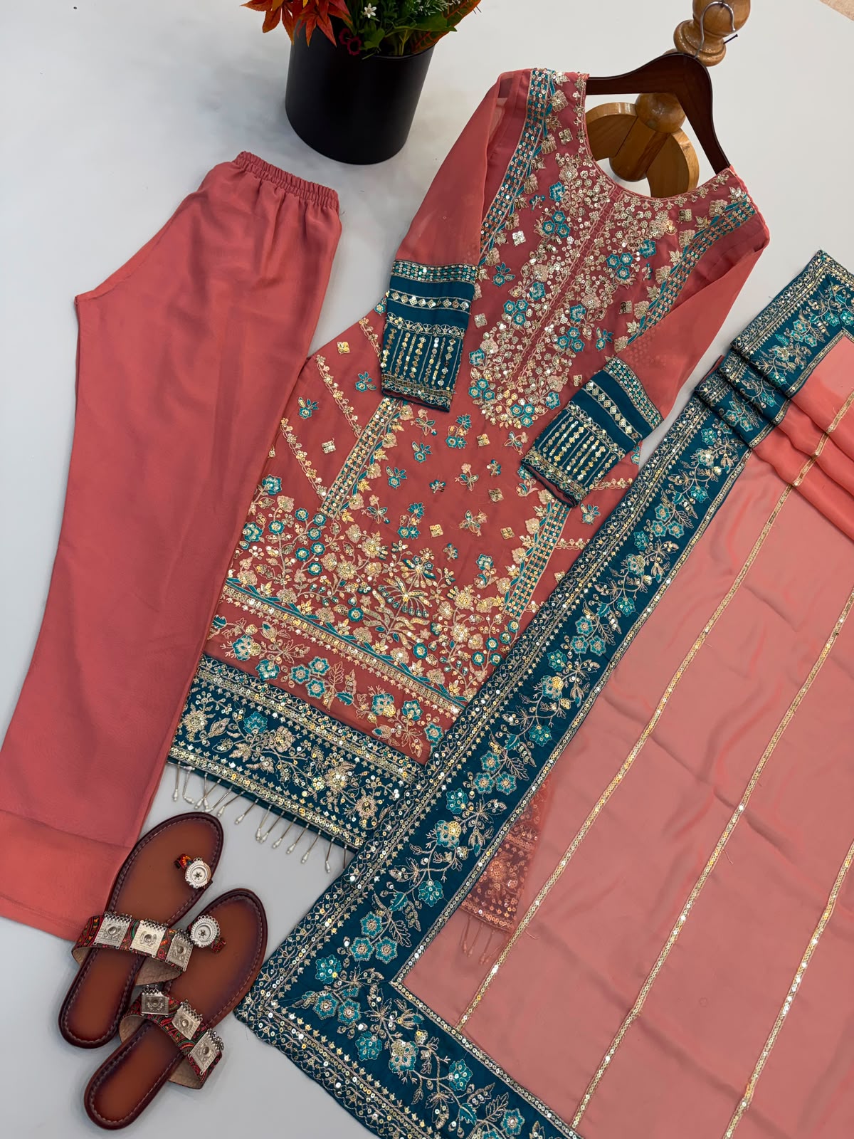 Teal Blue Fox Georgette Embroidered Salwar Suit Set - Flat Lay Full Set with Dupatta