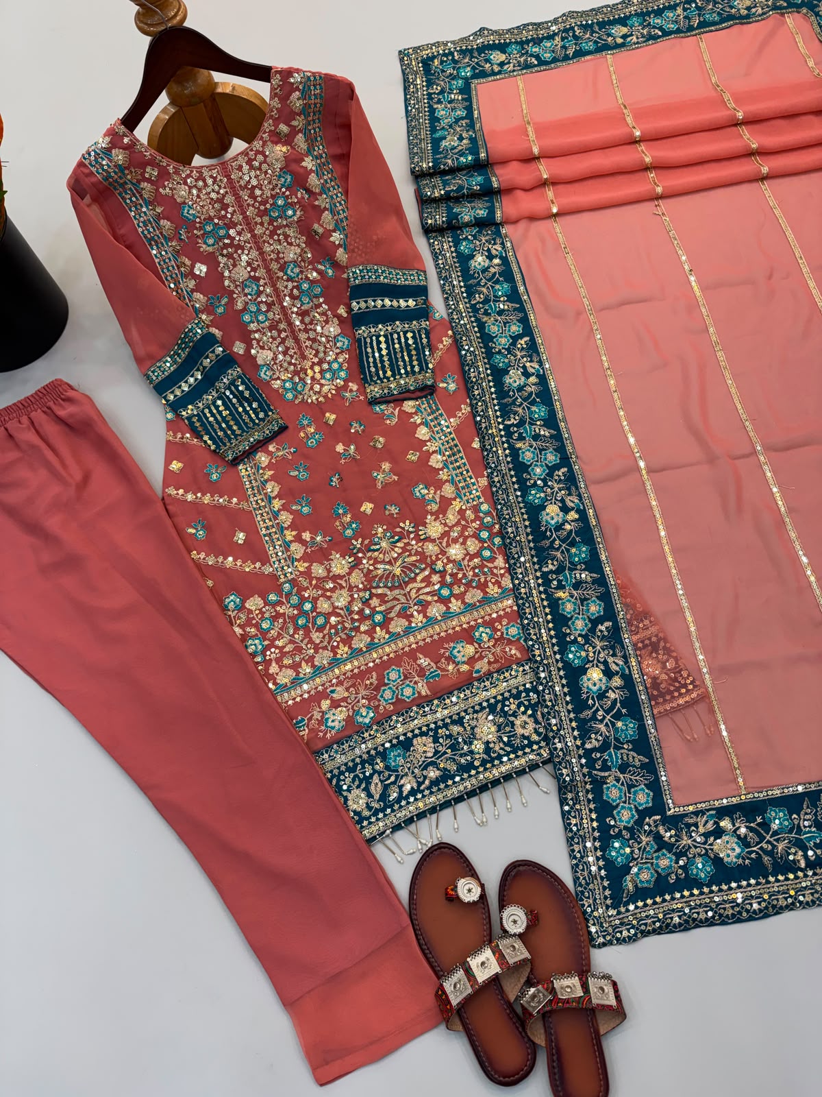 Teal Blue Fox Georgette Embroidered Salwar Suit - Model Seated Mirror Selfie
