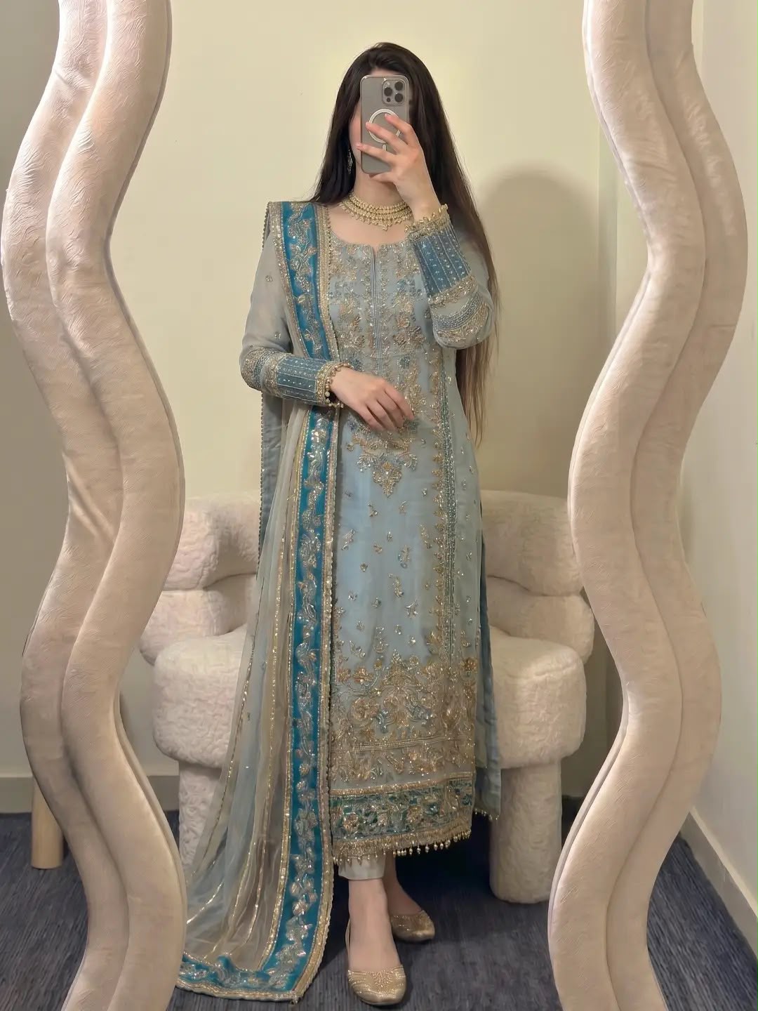 Dusty Rose Fox Georgette Embroidered Salwar Suit - Model Mirror Selfie Full View