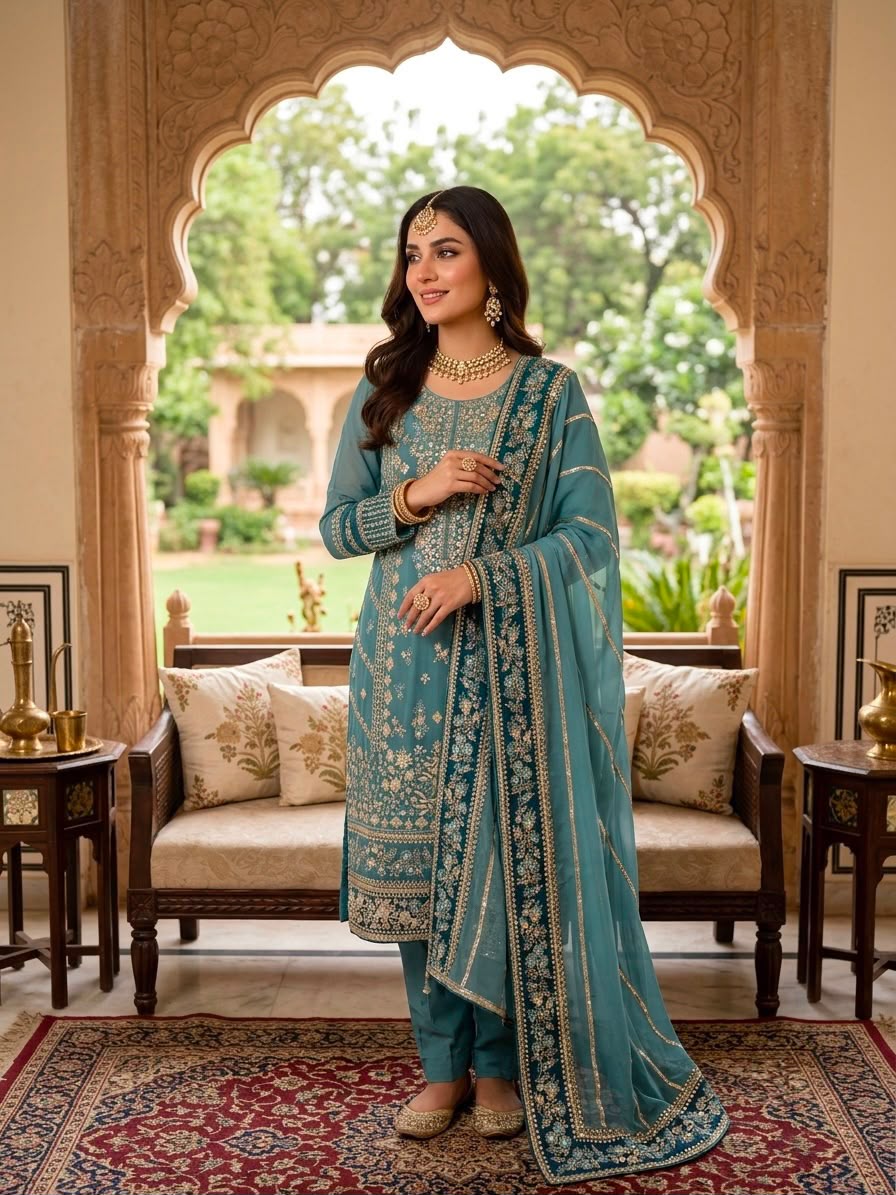 Dusty Rose Fox Georgette Embroidered Salwar Suit - Model Full Length Outdoor