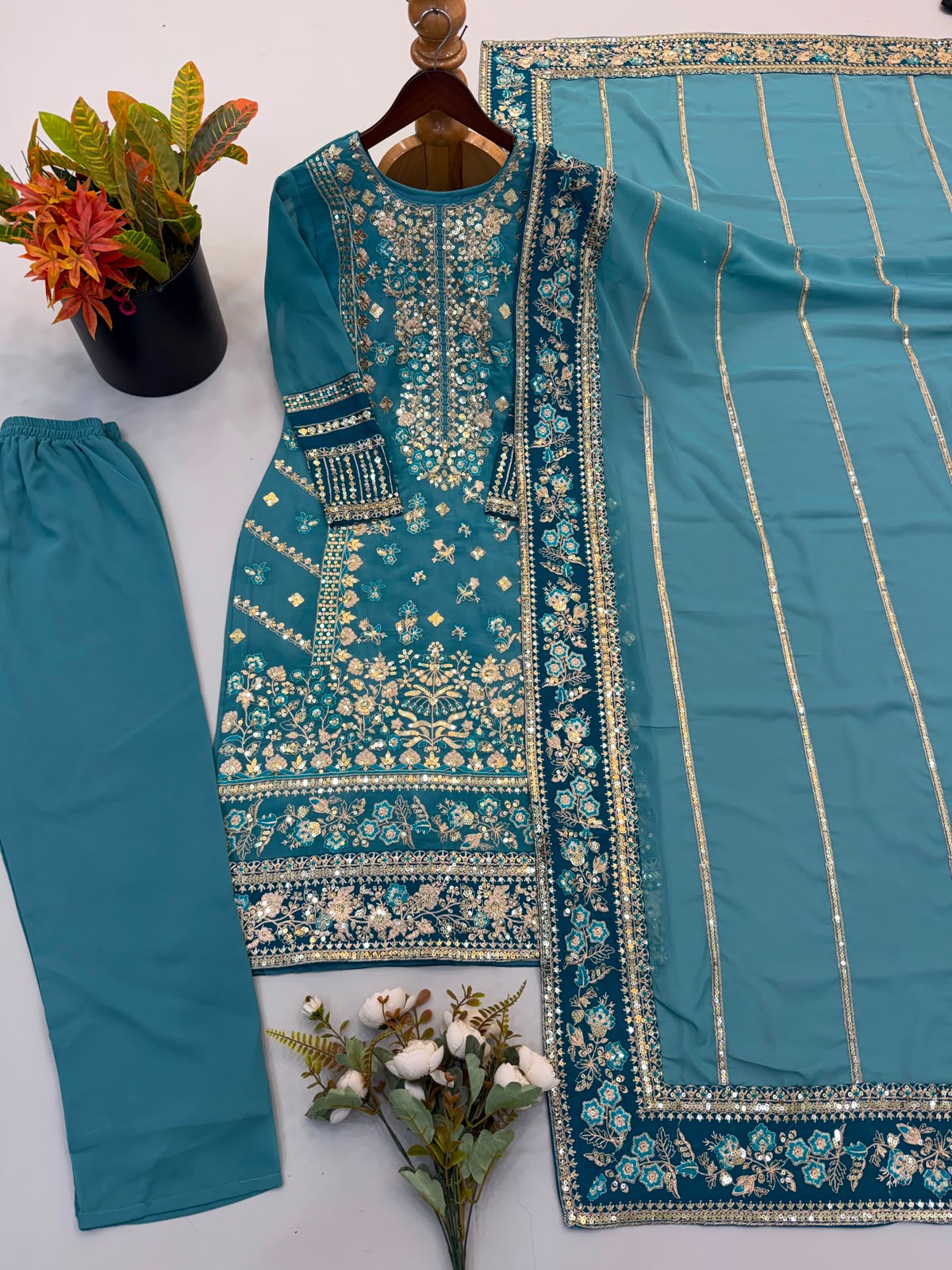 Teal Blue Fox Georgette Embroidered Salwar Suit - Additional Model View