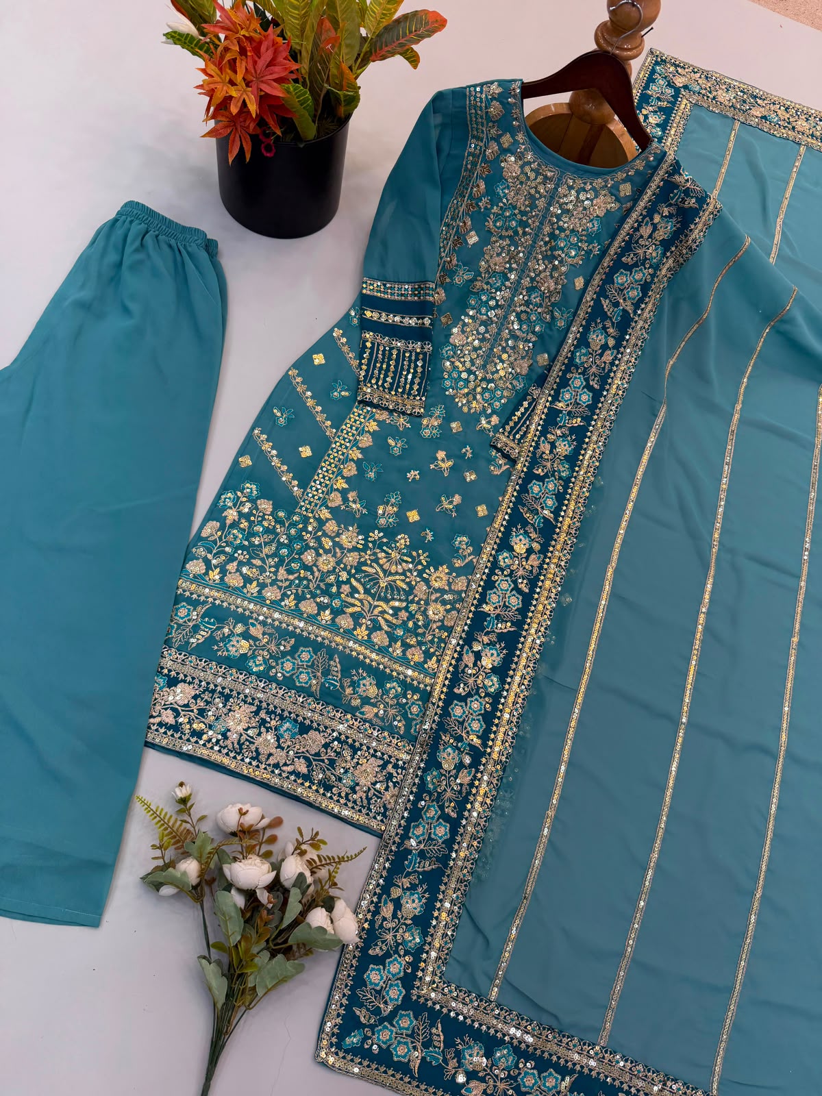 Women's Heavy Embroidered Fox Georgette Salwar Suit Set with Dupatta