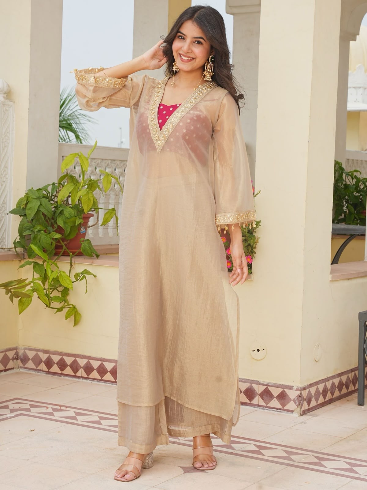 Beige Golden Tissue Salsa Kurta Set - Model Full Length Front View Outdoor