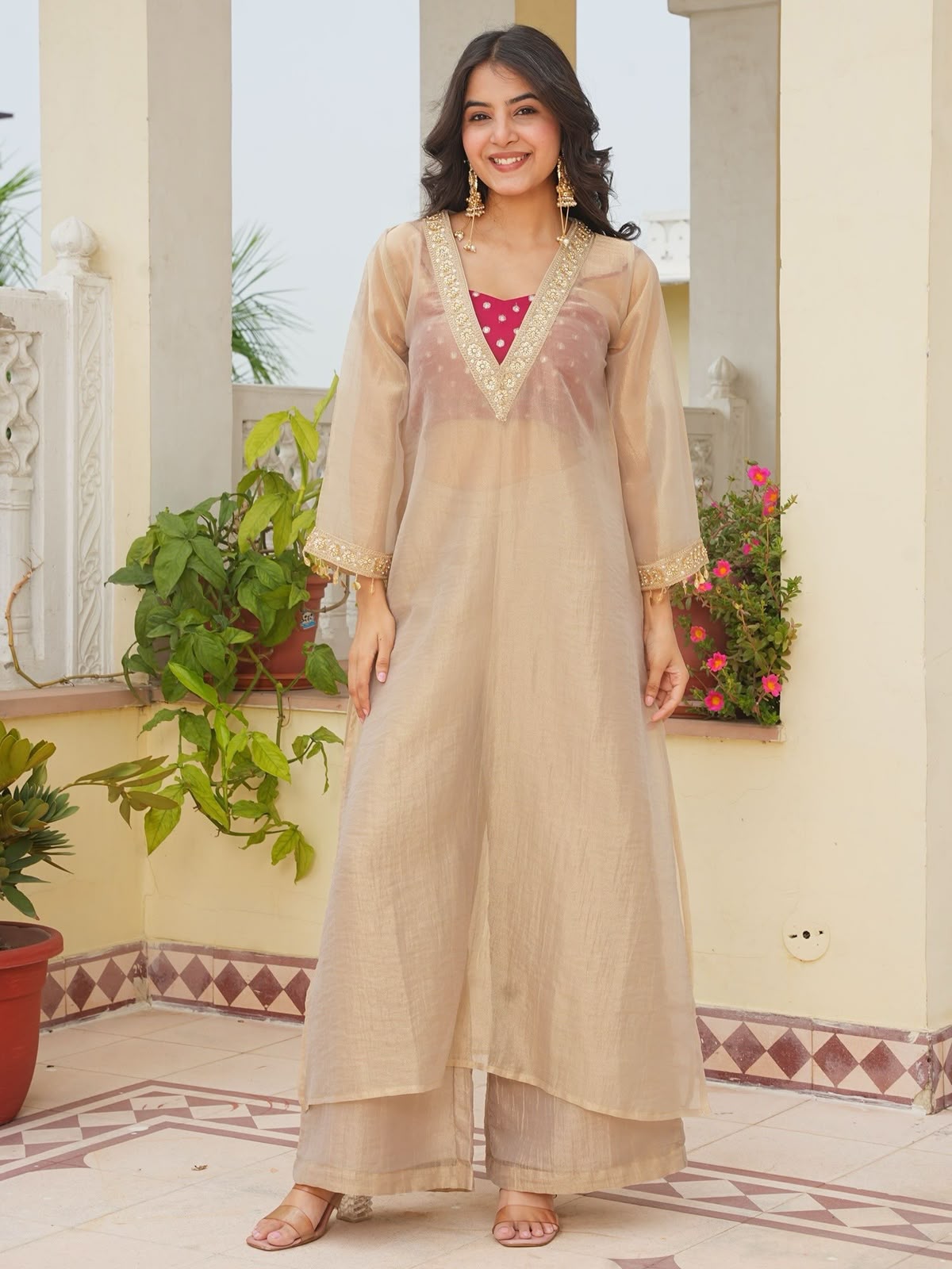 Beige Golden Tissue Salsa Kurta Set - Model Close Up Neckline and Embroidery Detail