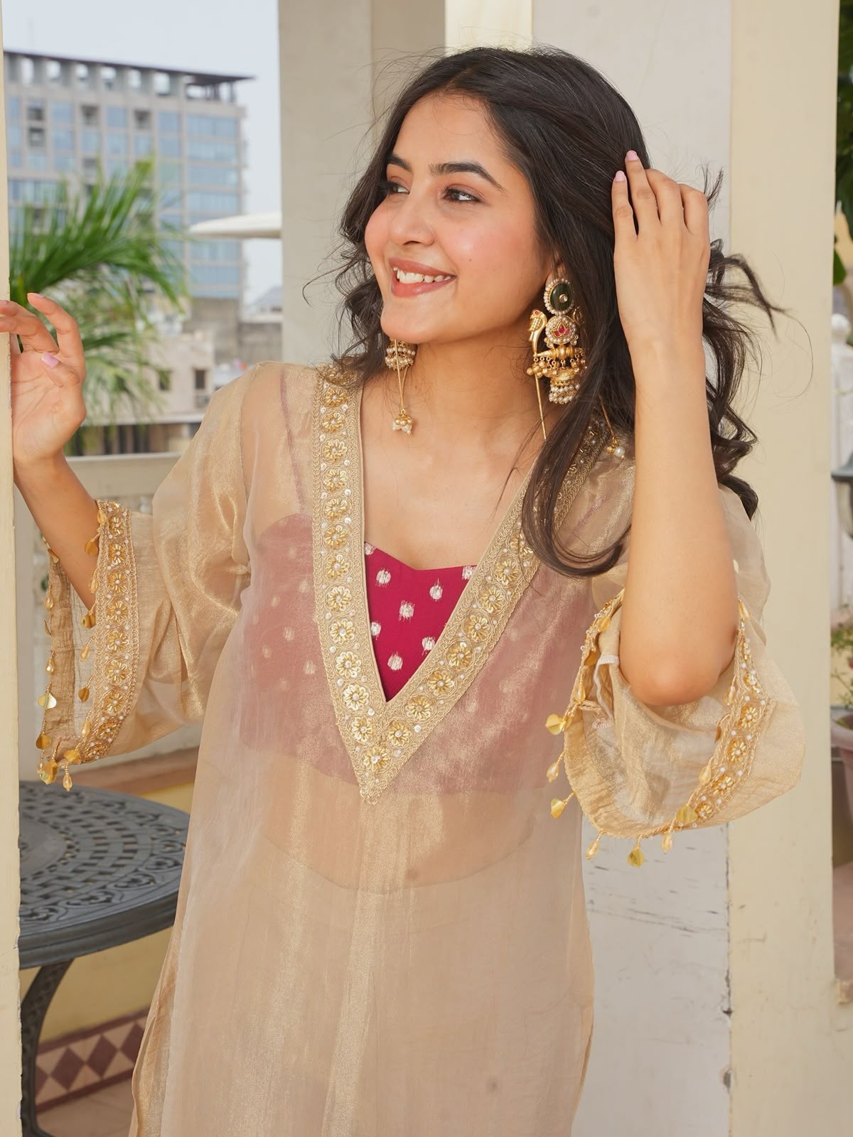 Beige Golden Tissue Salsa Kurta Set - Flat Lay Angled View with Palazzo