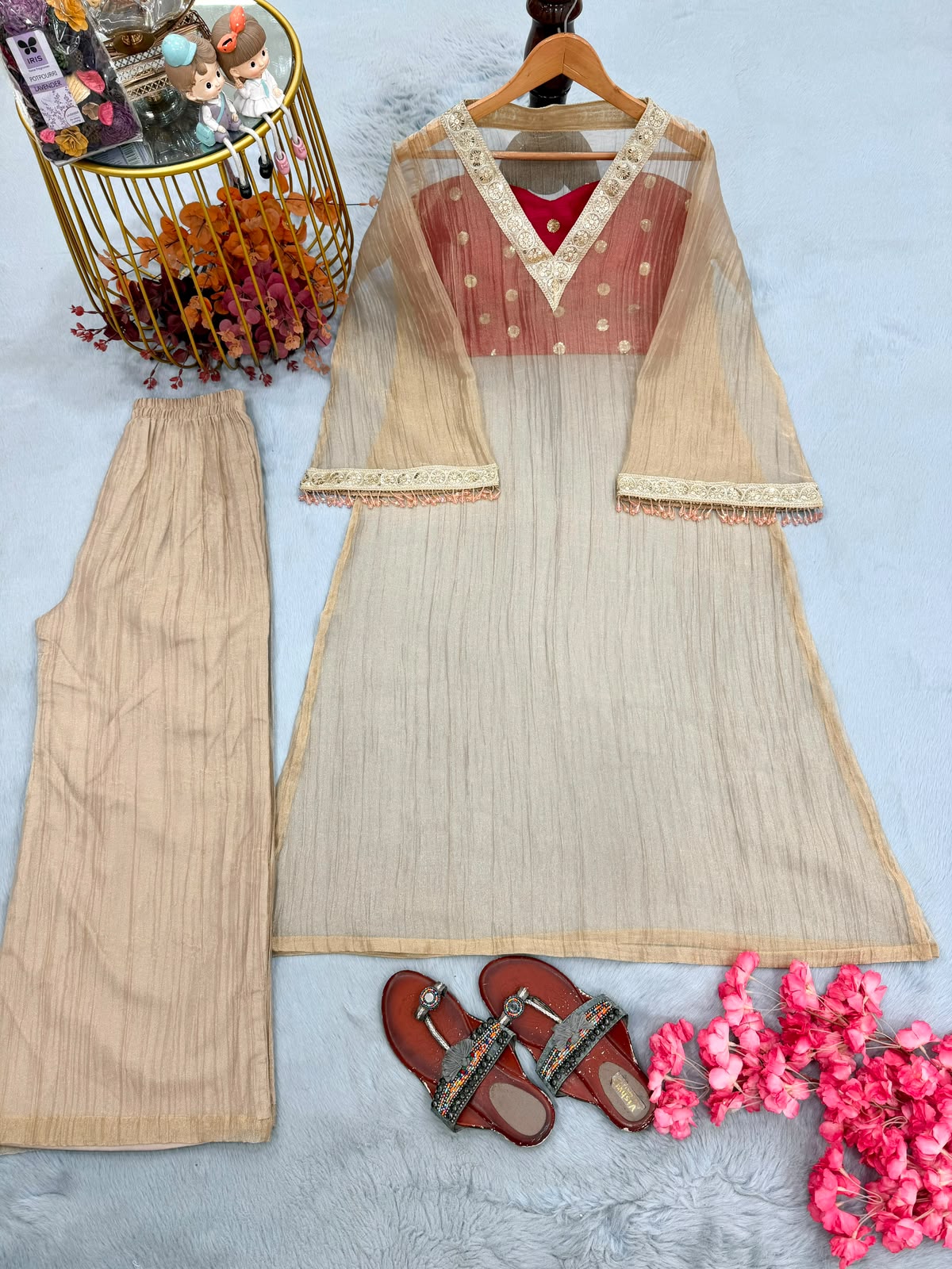 Beige Golden Tissue Salsa Kurta Set - Flat Lay Front View with Palazzo