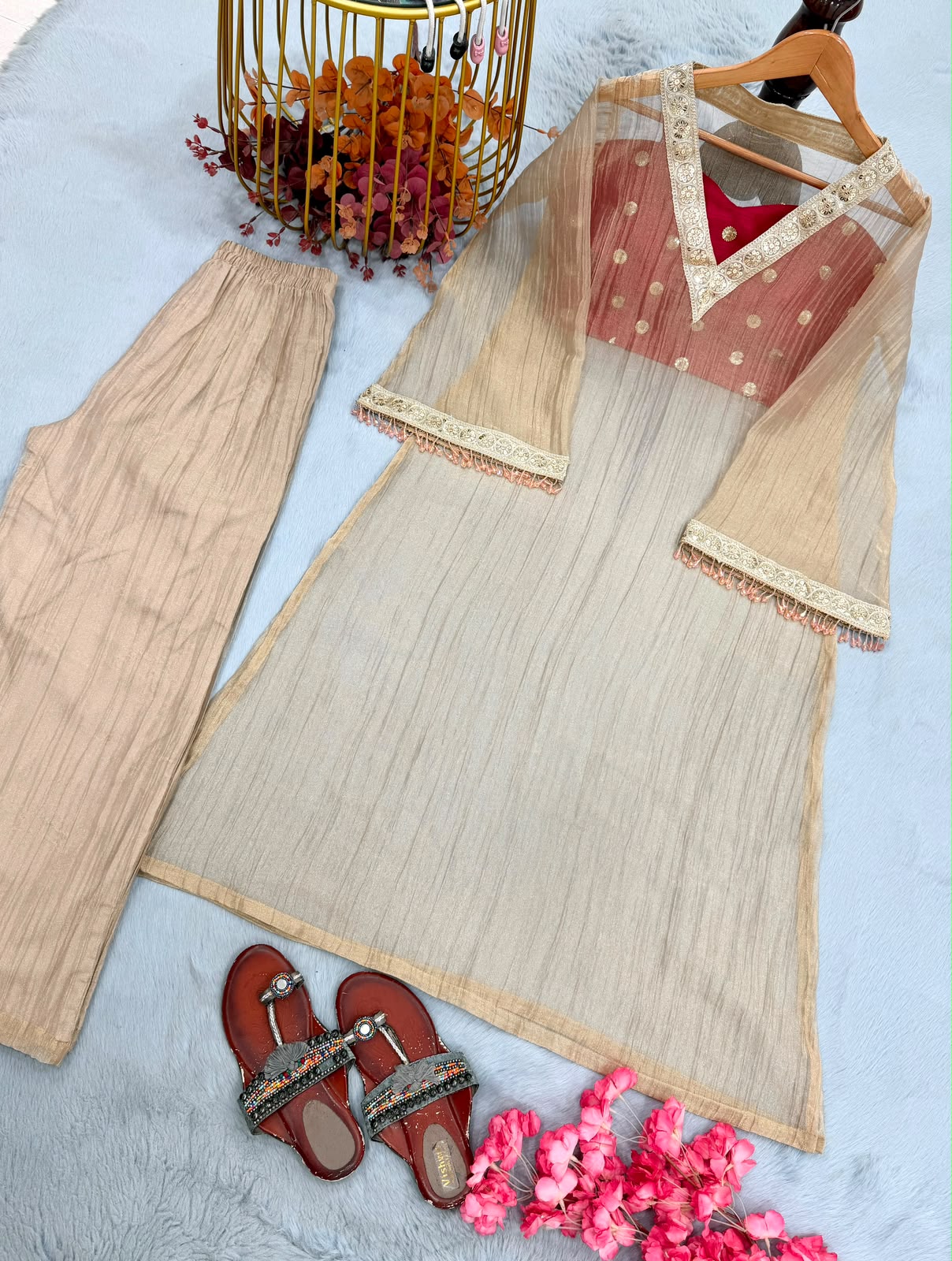 Beige Golden Tissue Salsa Kurta Set - Flat Lay Hanger View Close Up