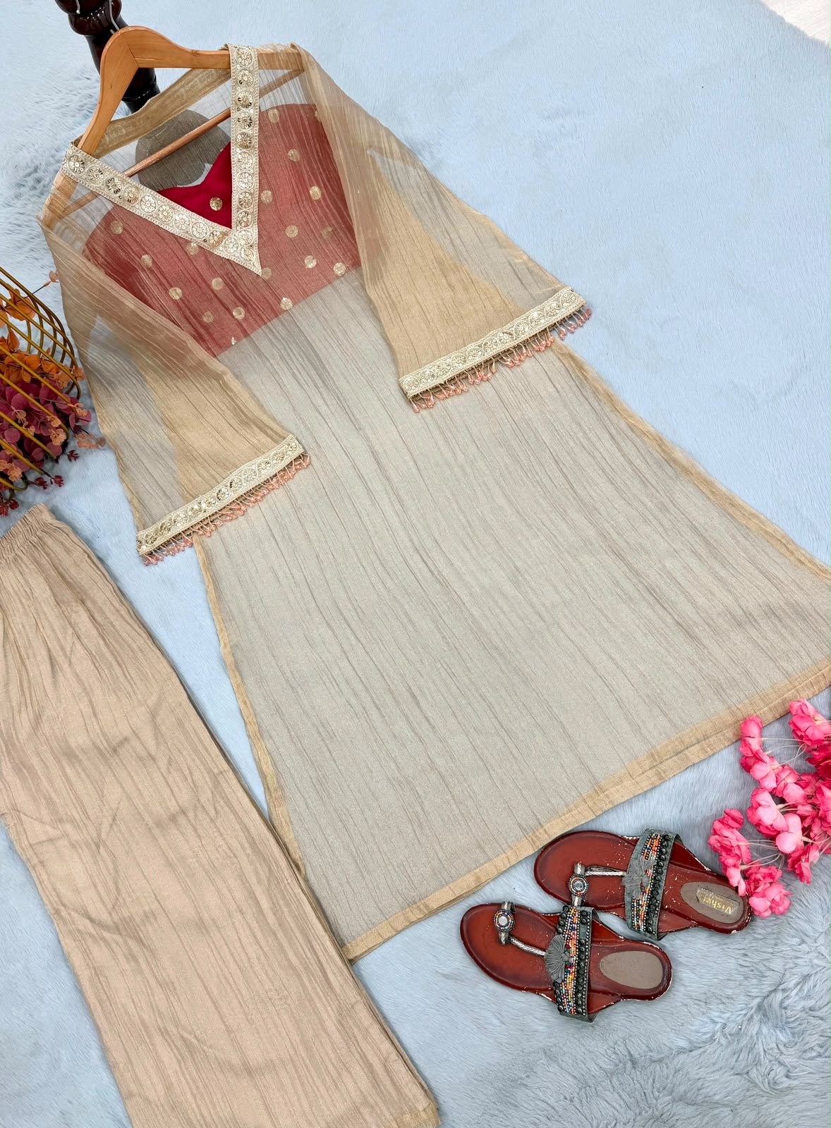 Beige Golden Tissue Salsa Kurta Set - Additional Flat Lay View
