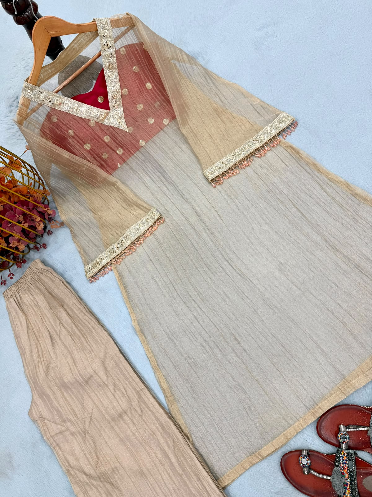 Beige Golden Tissue Salsa Kurta - Flat Lay Sleeve and Latkan Border Detail
