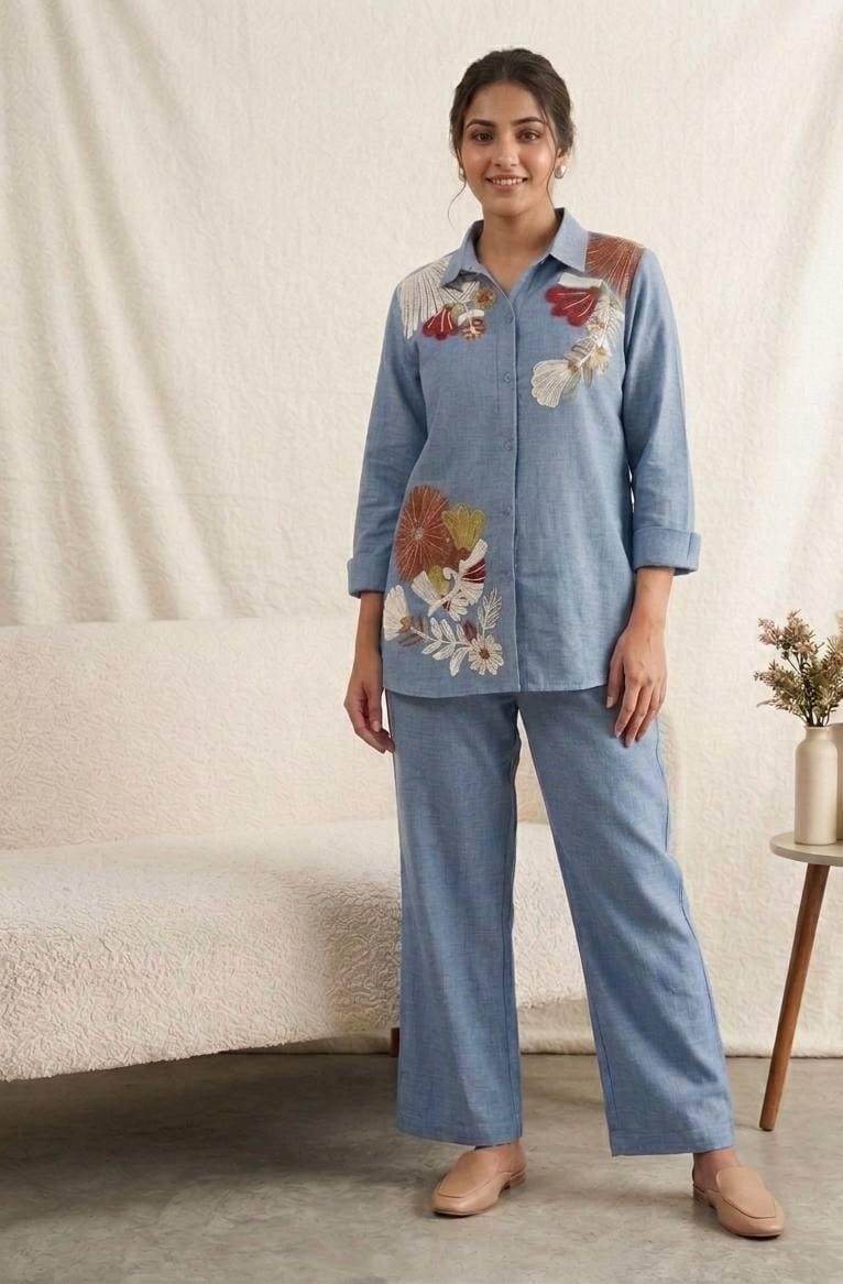 Steel Blue Cotton Denim Co-ord Set - Model Close Up Embroidery Detail