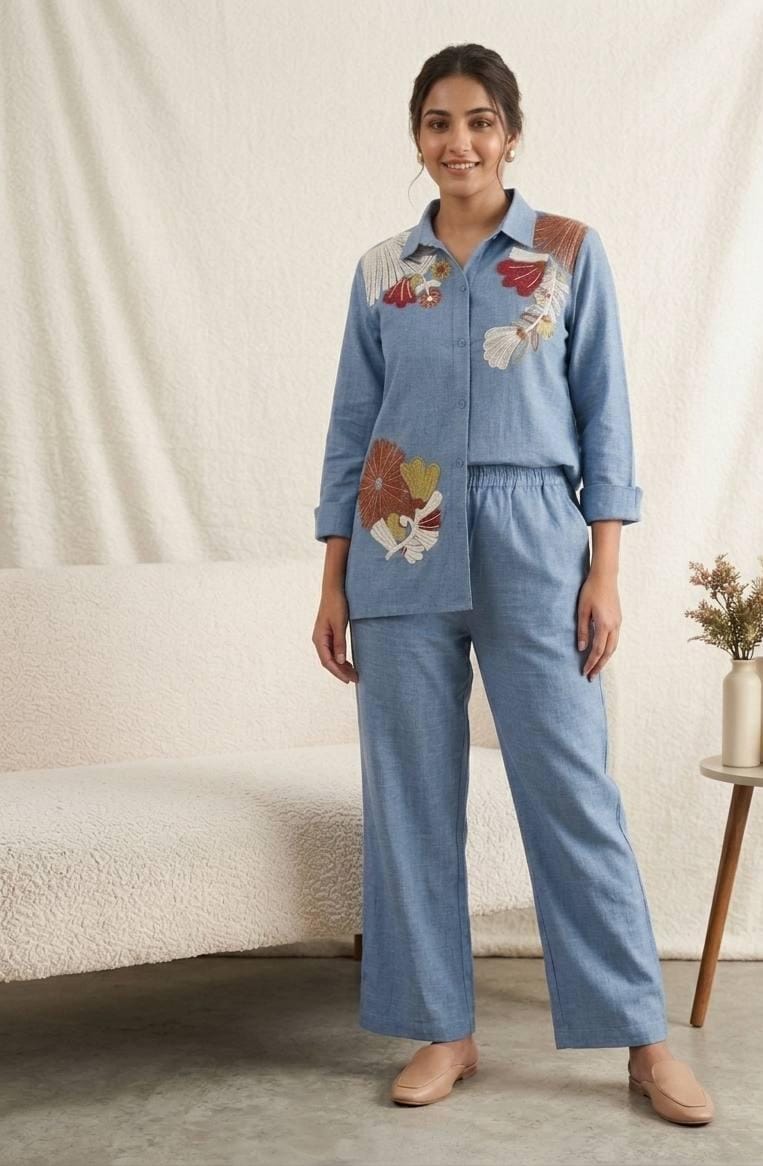 Steel Blue Cotton Denim Shirt - Flat Lay on Hanger Front View