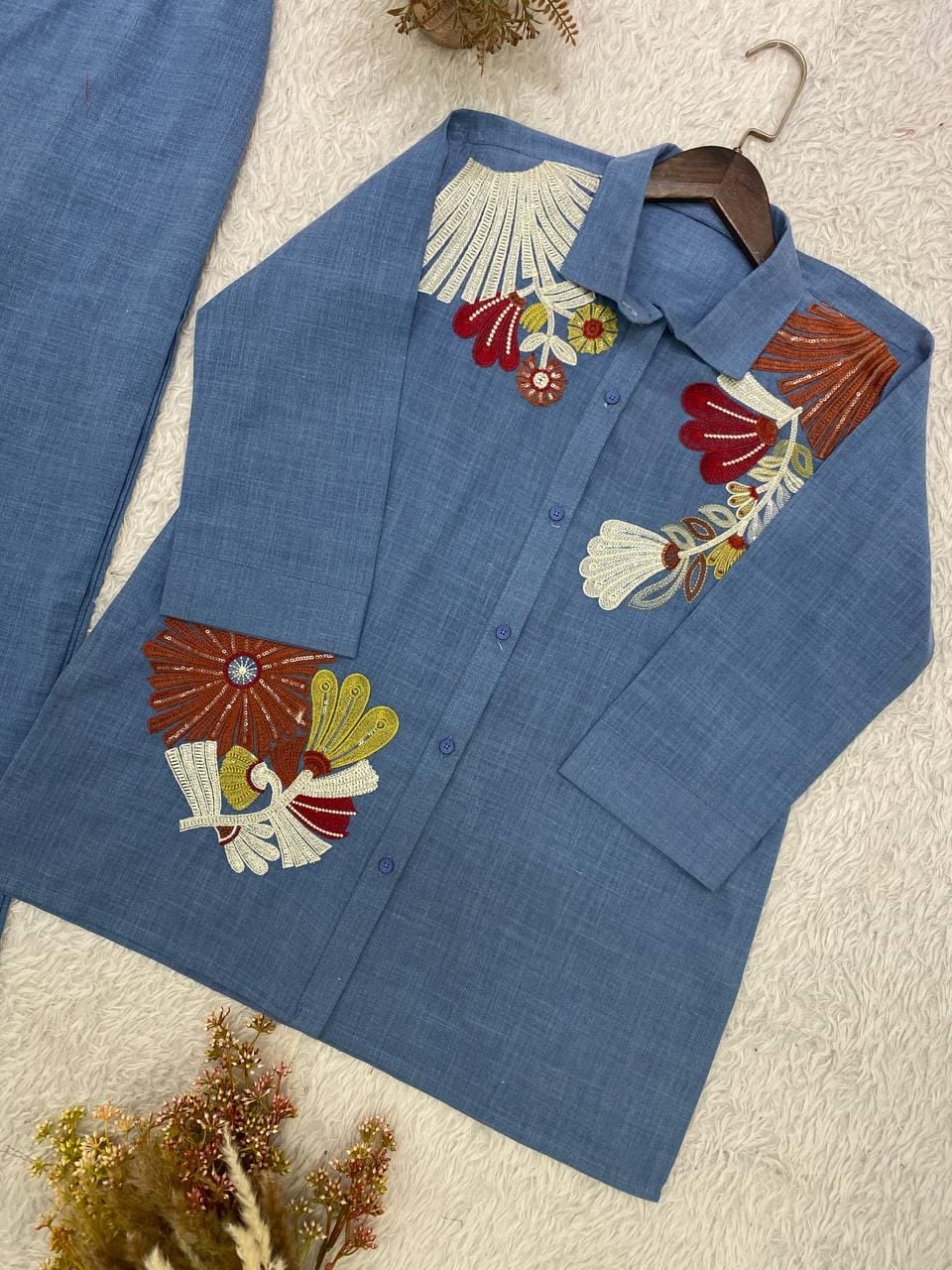 Steel Blue Cotton Denim Shirt & Pant - Flat Lay with Embroidery Detail