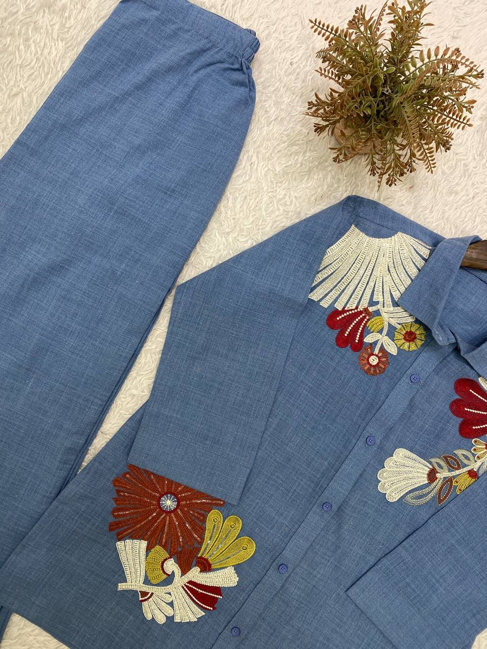 Steel Blue Cotton Denim Shirt - Flat Lay Embroidery Close Up