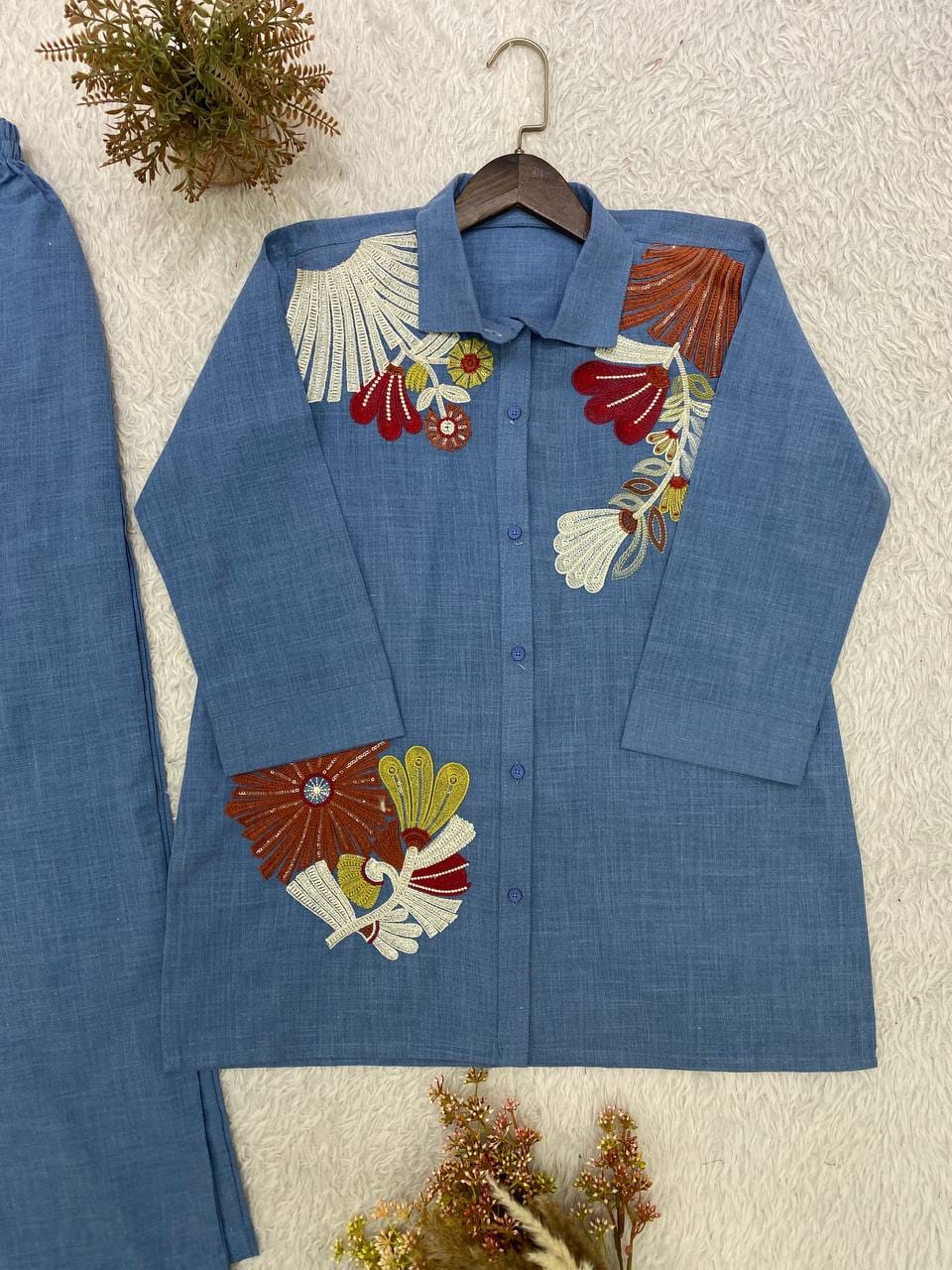 Steel Blue Cotton Denim Co-ord Set - Full Flat Lay with Pant