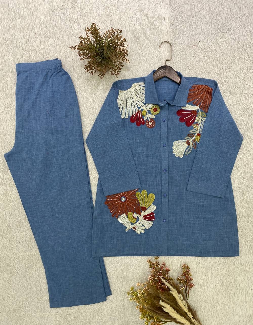 Steel Blue Cotton Denim Co-ord Set - Flat Lay Complete Set View