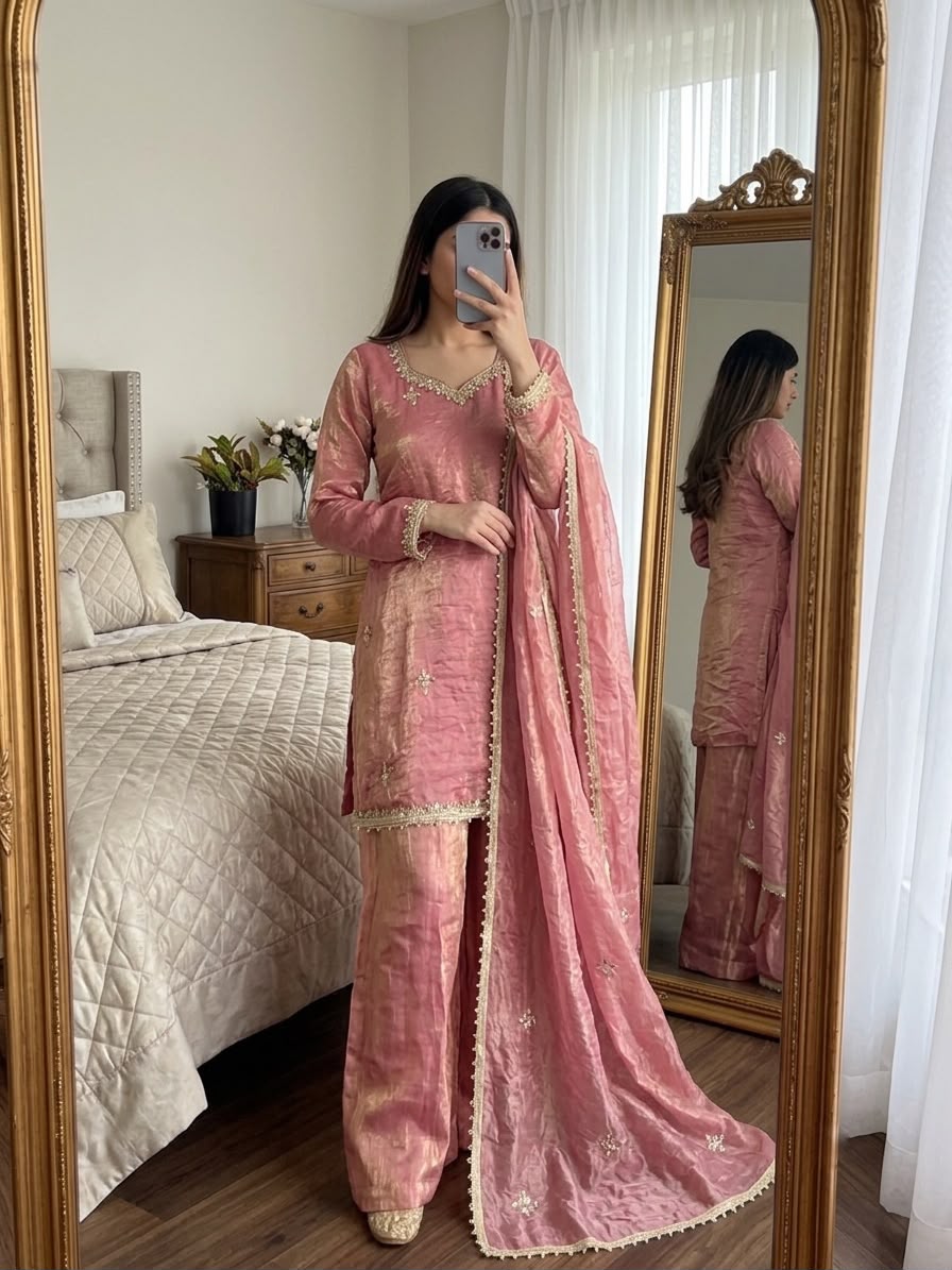 Rose Pink Fendy Silk Sharara Set - Model Mirror Selfie Full Length View