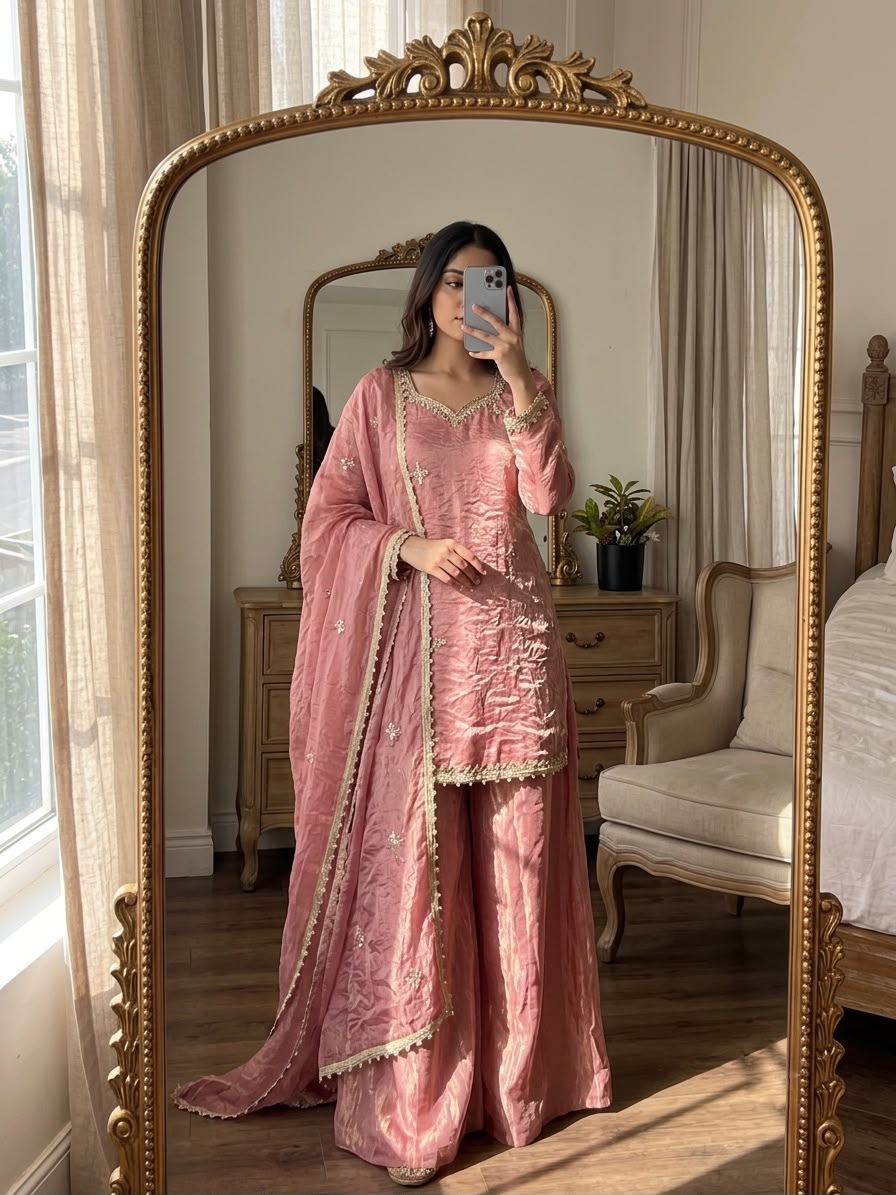 Rose Pink Fendy Silk Sharara Set with Dupatta - Flat Lay Full Set