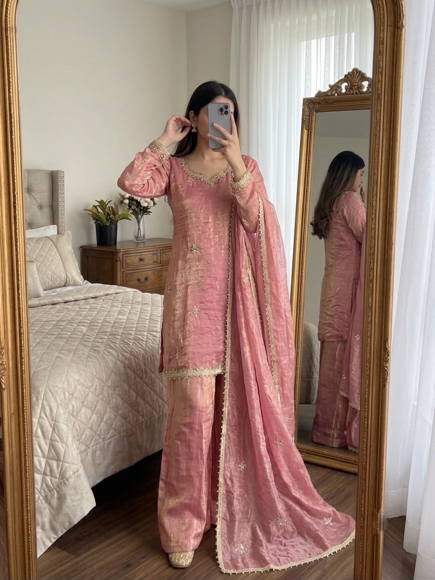 Rose Pink Fendy Silk Sharara Set - Model Full Length at Heritage Venue