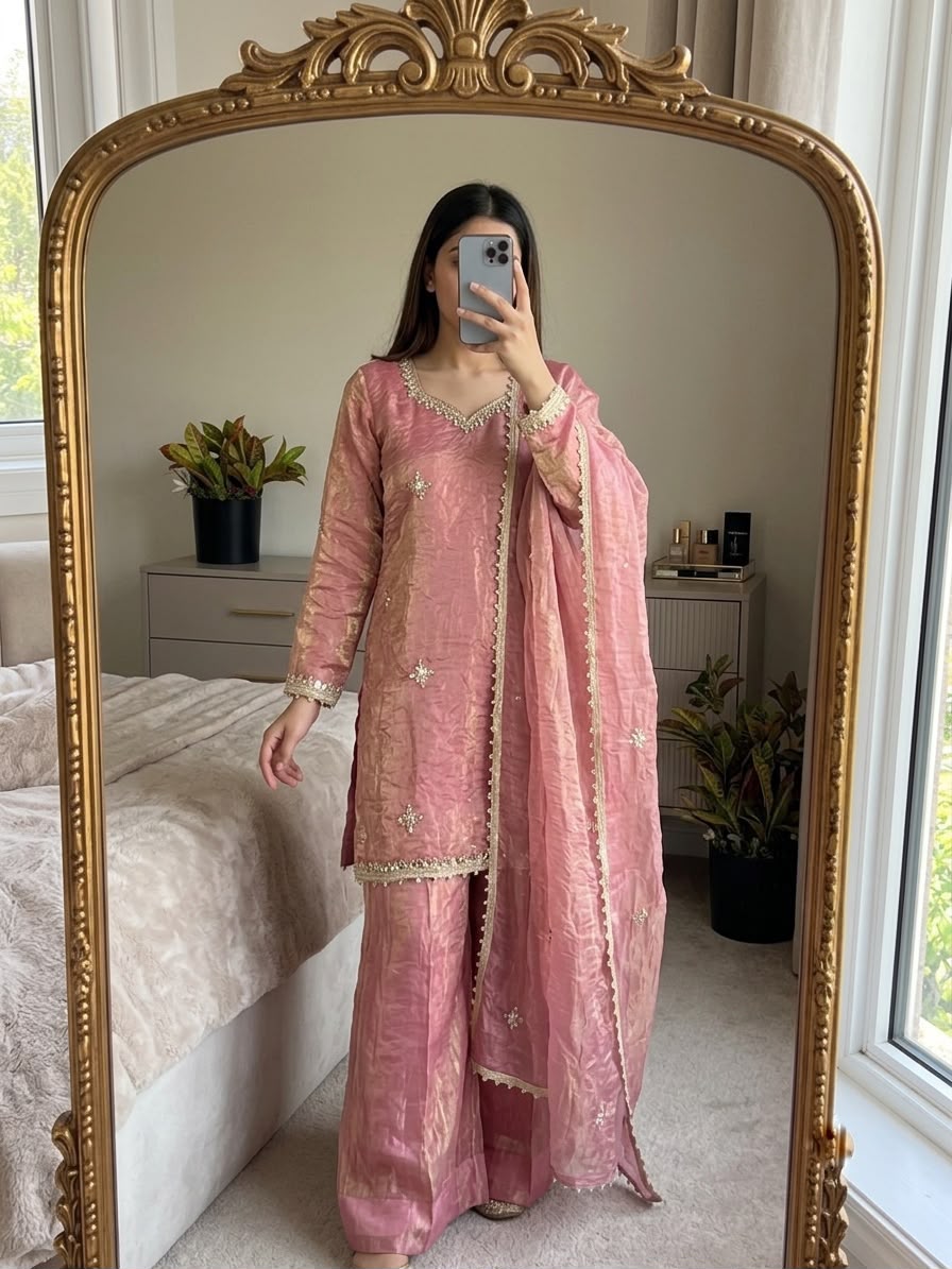 Rose Pink Fendy Silk Sharara Set - Flat Lay Front View with Dupatta