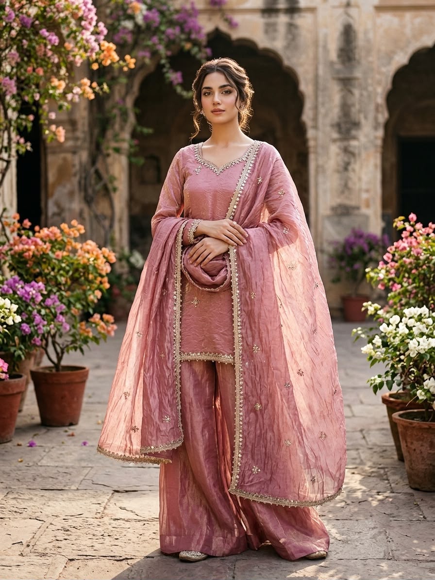 Rose Pink Fendy Silk Sharara Set - Flat Lay Angled View with Dupatta