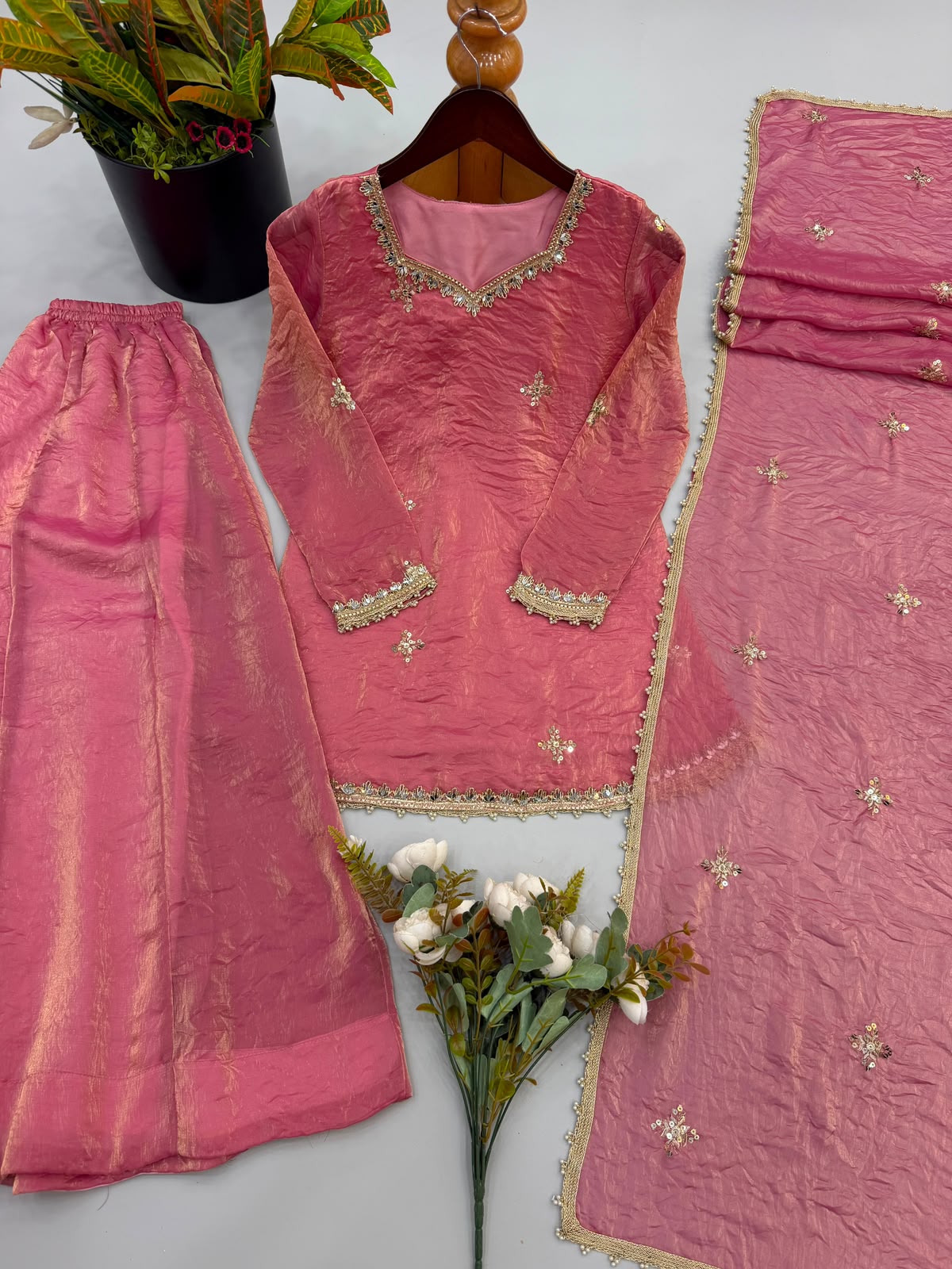 Rose Pink Fendy Silk Kurta - Hanger View Embroidery and Cuff Detail