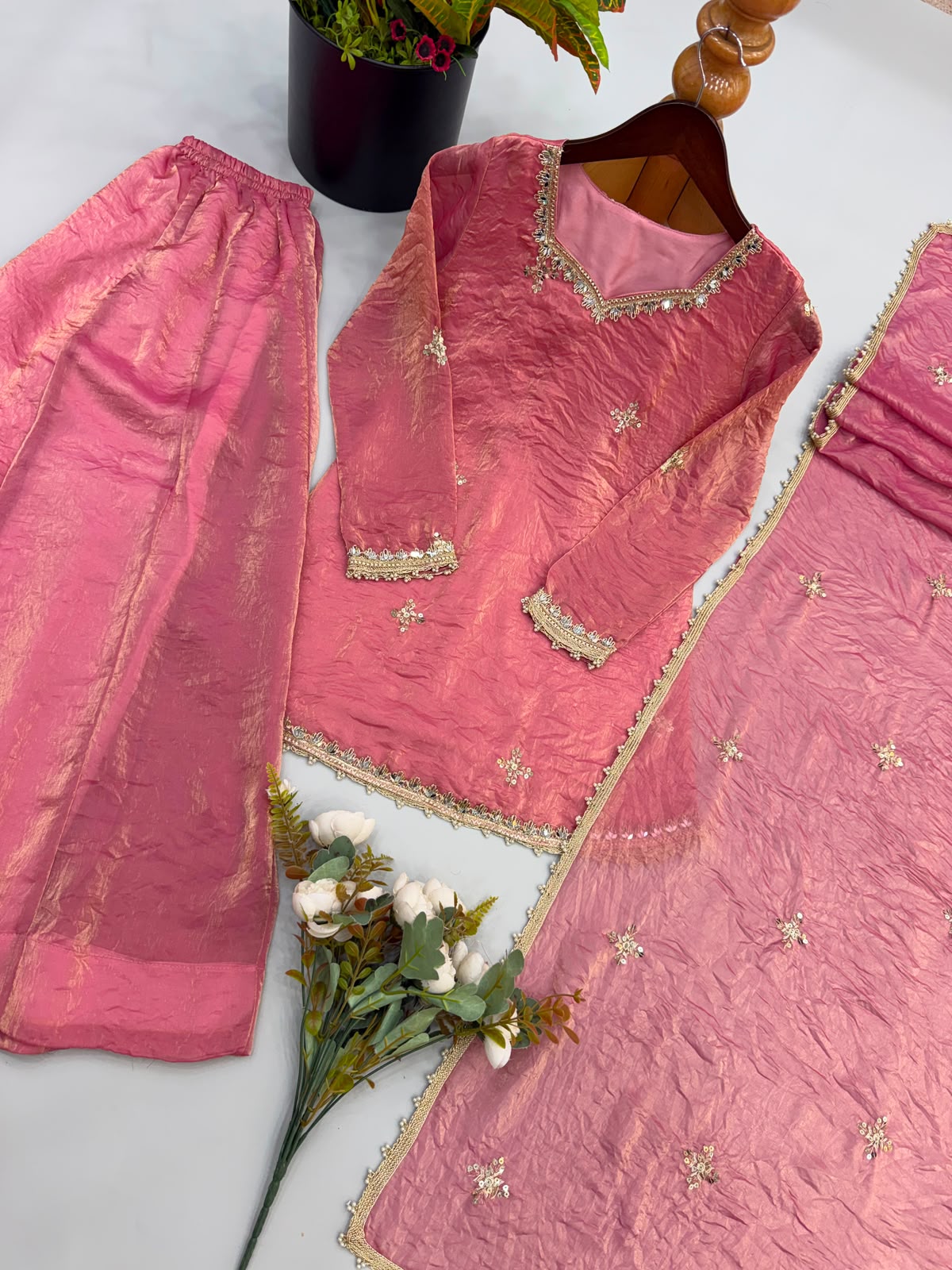 Rose Pink Fendy Silk Kurta - Neckline and Mirror Work Close Up Flat Lay