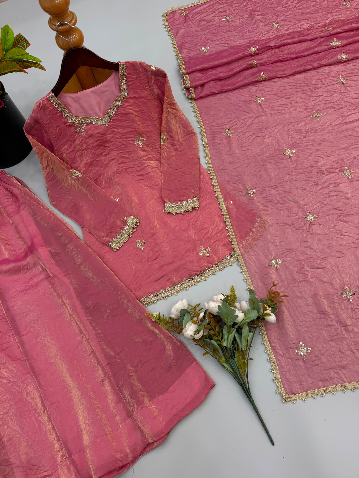 Rose Pink Fendy Silk Sharara Set - Additional Flat Lay View