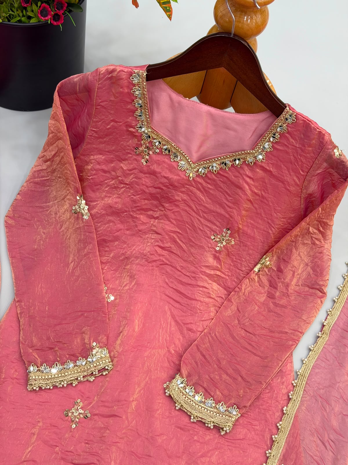 Rose Pink Fendy Silk Sharara Set - Additional Detail View